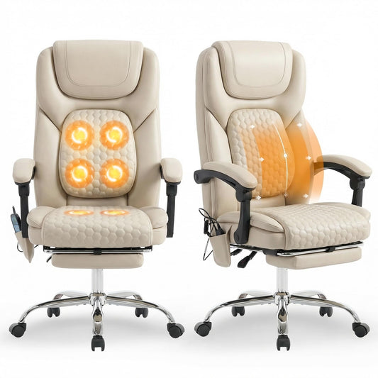 MALOL Massage Office Chair Set of 2 with 3-Level Heat and Footrest – 20-Min Easy Assembly, 300 lbs Big and Tall Desk Chair, PU Leather Ergonomic Executive Computer Chair with Side Pocket, Beige