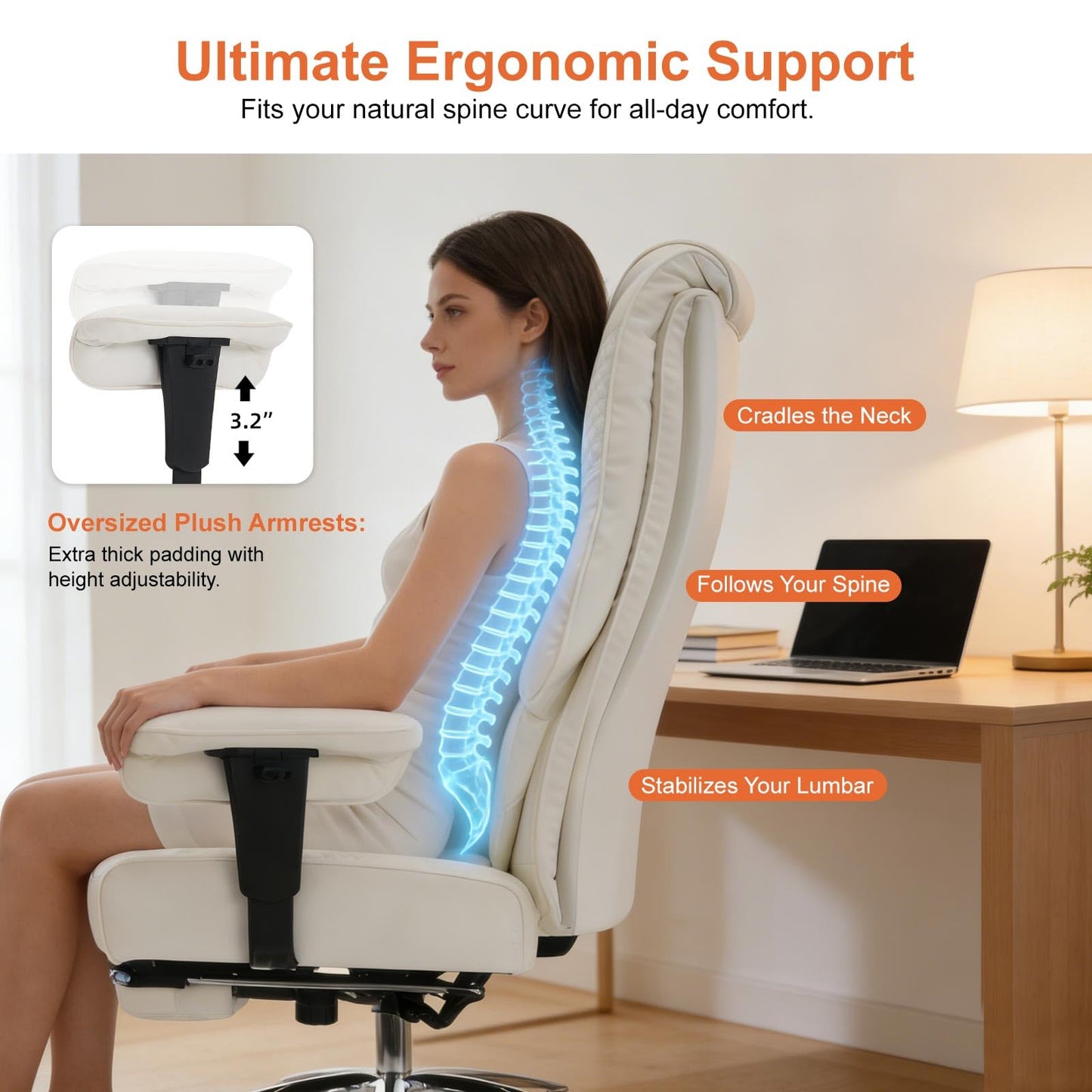 EXCEBET Big and Tall Office Chair 400lbs Wide Seat, Leather High Back Executive Office Chairs with Foot Rest, Ergonomic Lumbar Support for Lower Back Pain Relief (White)