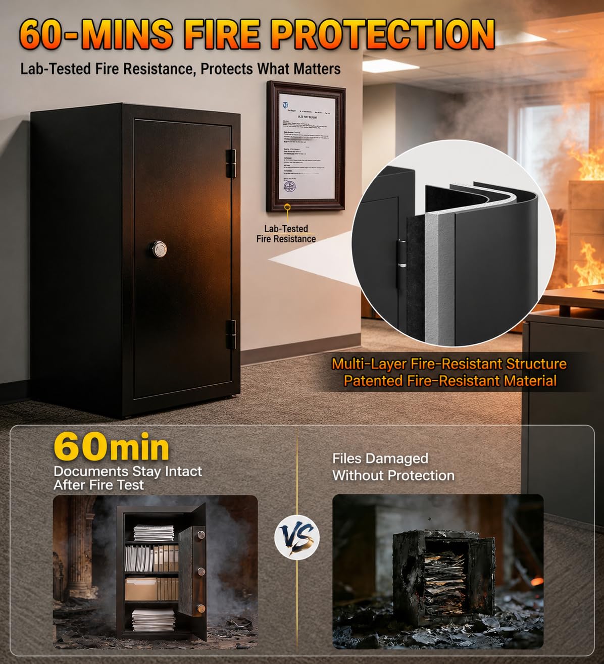 [𝟮𝟬𝟮𝟲 𝗡𝗲𝘄] 23.69'' Tall Fireproof Safe for Home, 1700°F Fire Resistance for 60 Minutes, Fire and Water Proof Safe Box with Mechanical Lock, Removable Shelf for Documents, Cash and Valuable