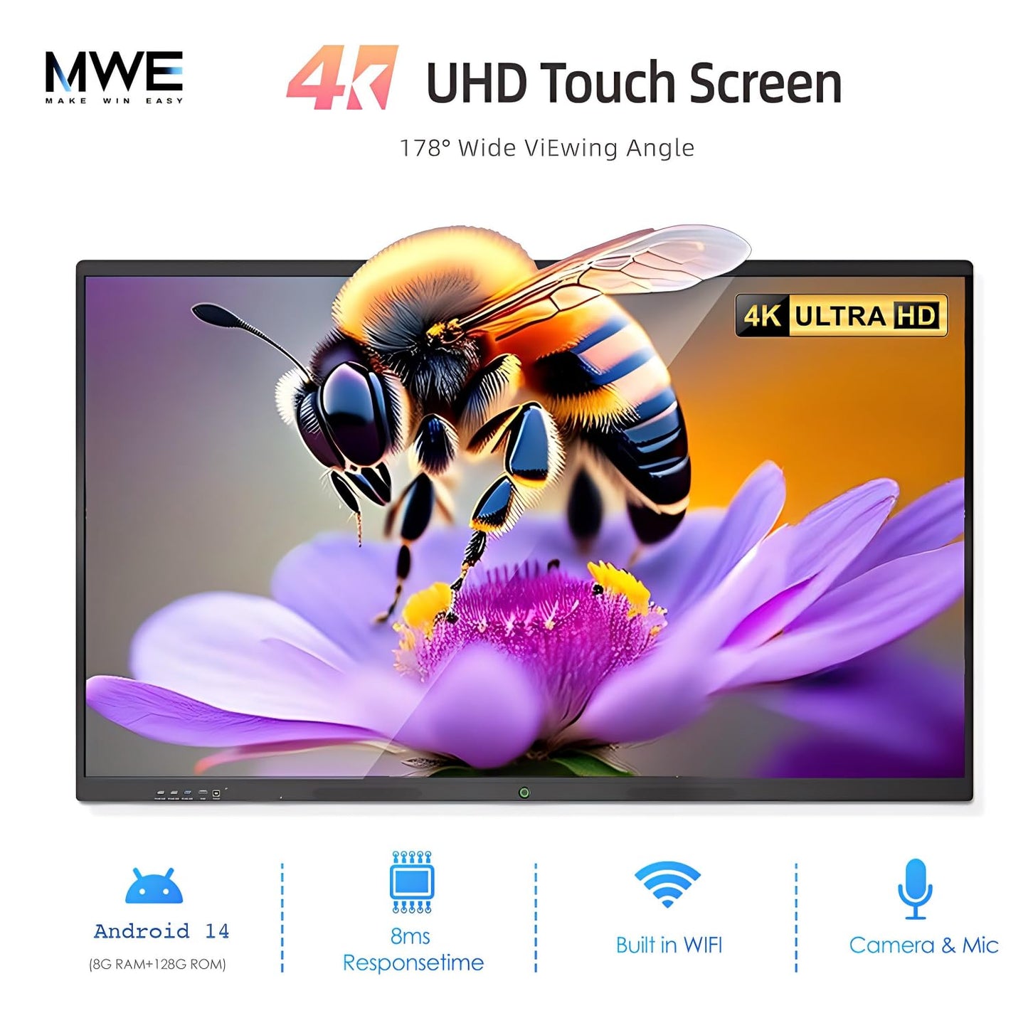 QIXZOCV 55" Smart Board, Interactive Whiteboard, 4K UHD Touch Screen, Android 14, 8+128G, All in One Smartboard for Classroom Office Home (Wall Mount Included)