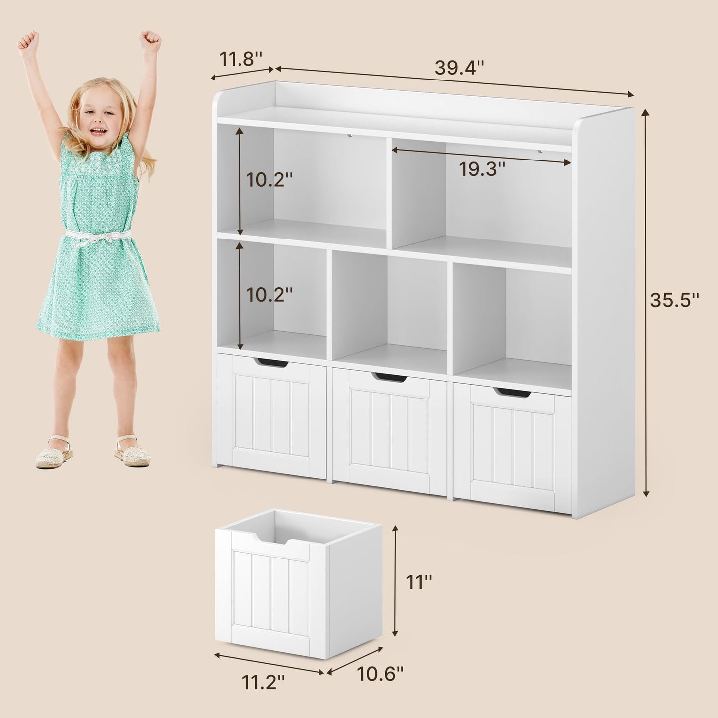 Gizoon Toy Storage Organizer with 3 Movable Drawers and 6 Open Shelves Kids Bookshelf Featuring Fall Prevention Barrier for Playroom Nursery Kids Room Organization, White, Painted