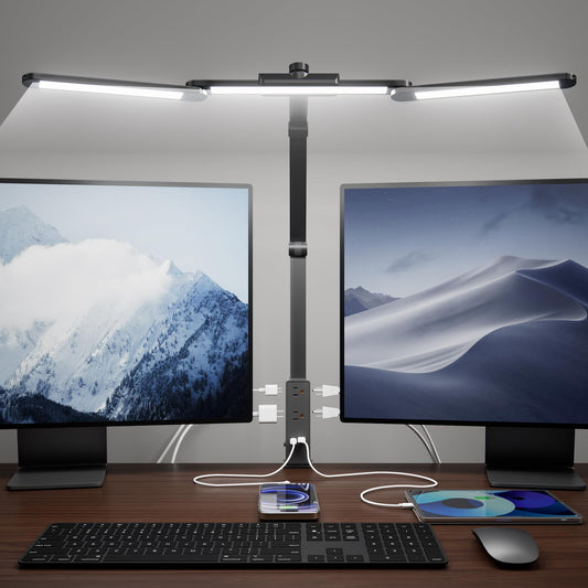 SUPERDANNY LED Desk Lamp with Power Strip, 6 Outlets, USB & Type-C, Large, Black, Model SDDL02