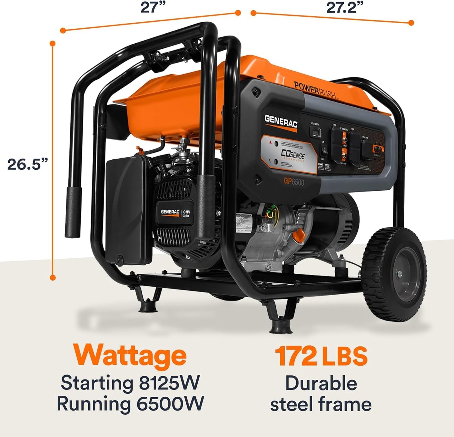 Generac 8,125 Starting Watt Portable Gas Generator with Extension Cord, PowerRush Technology, COsense Carbon Monoxide Detection, 10.5 Hour Runtime, Home Backup Emergency Power, 49-State Compliant