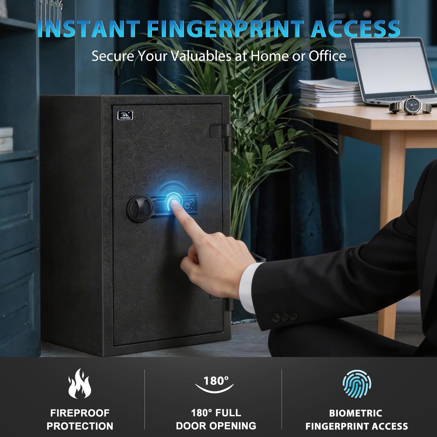 TIGERKING Biometric Fireproof Safe for Home Office, 3.47 Cu Ft Fingerprint Safe with 30-Min Fire Protection, 81.9 lb Steel Security Safe with Digital Keypad, Alarm and Removable Shelves