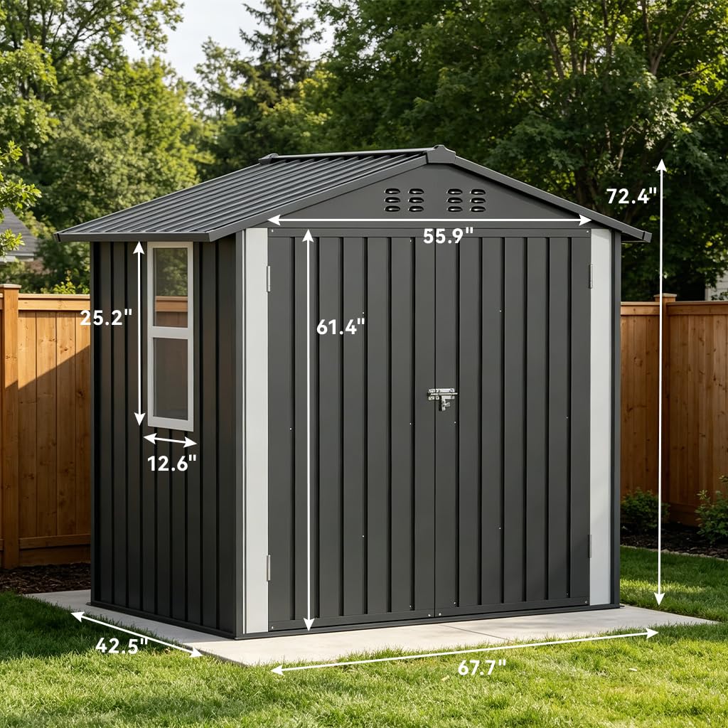 COMHOMA Outdoor Storage Shed with Window,Metal Lockable Garden Toolhouse, Ventilated Weather-Resistant Backyard Utility Workshop for Storage(Light Grey,6x4ft)