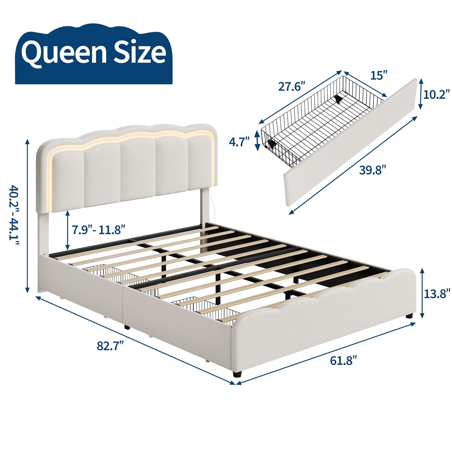 Garvee Queen Size Bed Frame with 2 Storage Drawers and LED Lights, Upholstered Platform Queen Bed with Adjustable Headboard, Wooden Slats Support, No Box Spring Needed, Easy Assembly, White