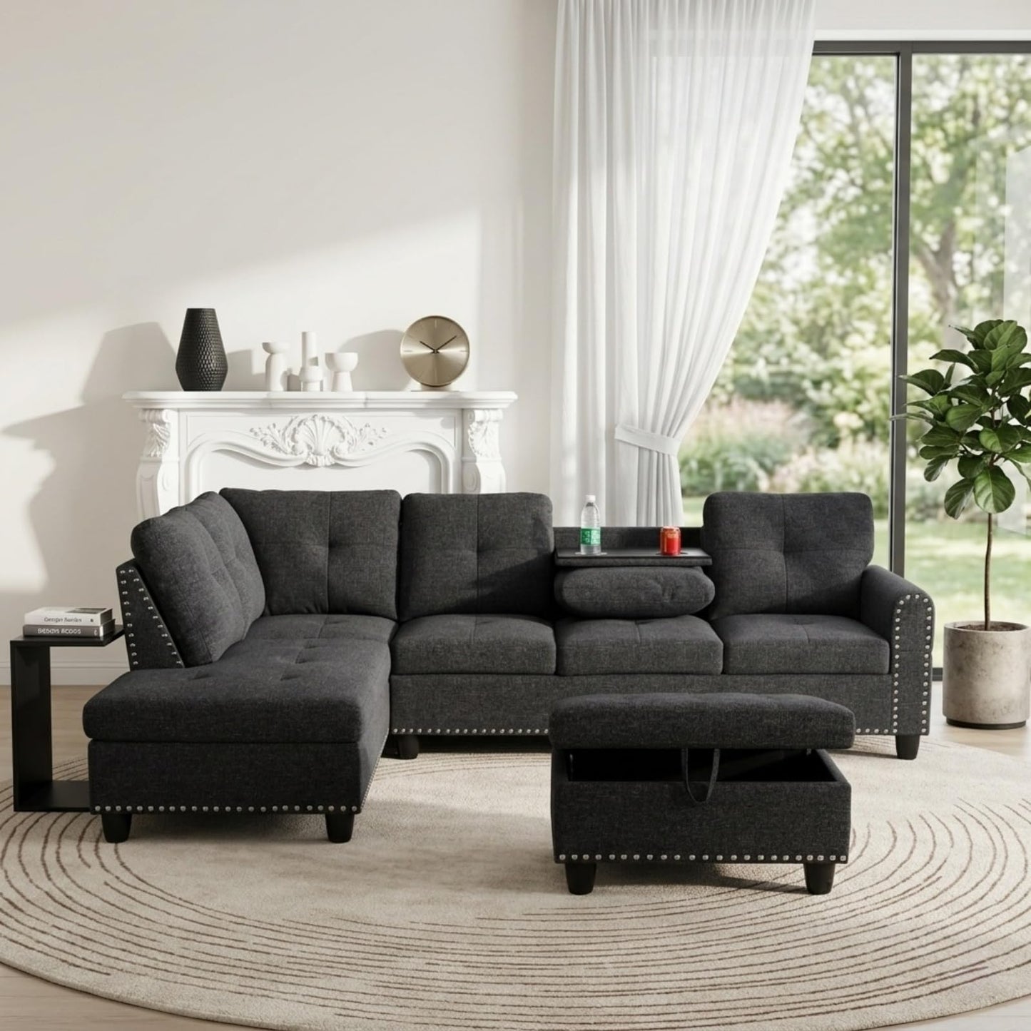 Trygoal 97.5 inch L-Shape Sofa with Storage Ottoman & Reversible Coffee Table, Linen Sectional Couch with Left Chaise, Modern 3-Piece Sofa Set, Upholstered Couch Set with Solid Wood Frame, Black Grey