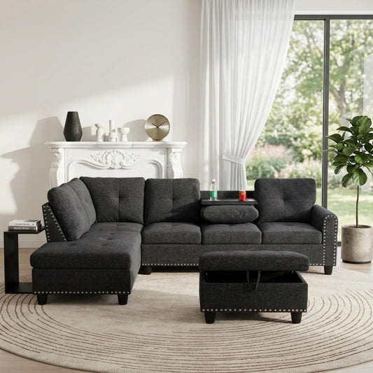 Trygoal 97.5 inch L-Shape Sofa with Storage Ottoman & Reversible Coffee Table, Linen Sectional Couch with Left Chaise, Modern 3-Piece Sofa Set, Upholstered Couch Set with Solid Wood Frame, Black Grey