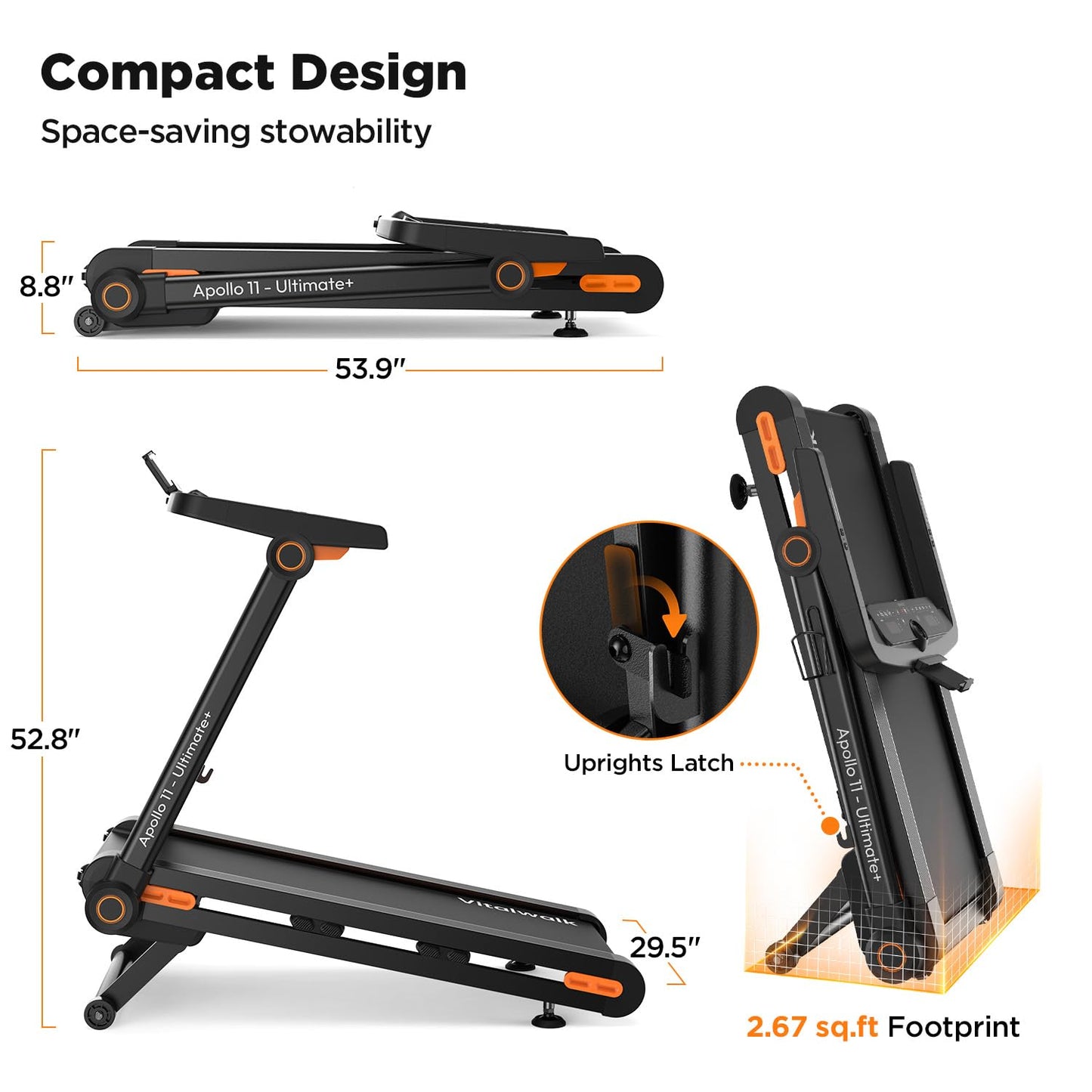 Vitalwalk Foldable Treadmill with Auto Incline, Commercial 49"x18" Wide Running Belt, 10MPH, 3.5HP Brushless, Walking Pad Treadmill for Home, Auto Folding, No Installation, 350LBS, APP, Large