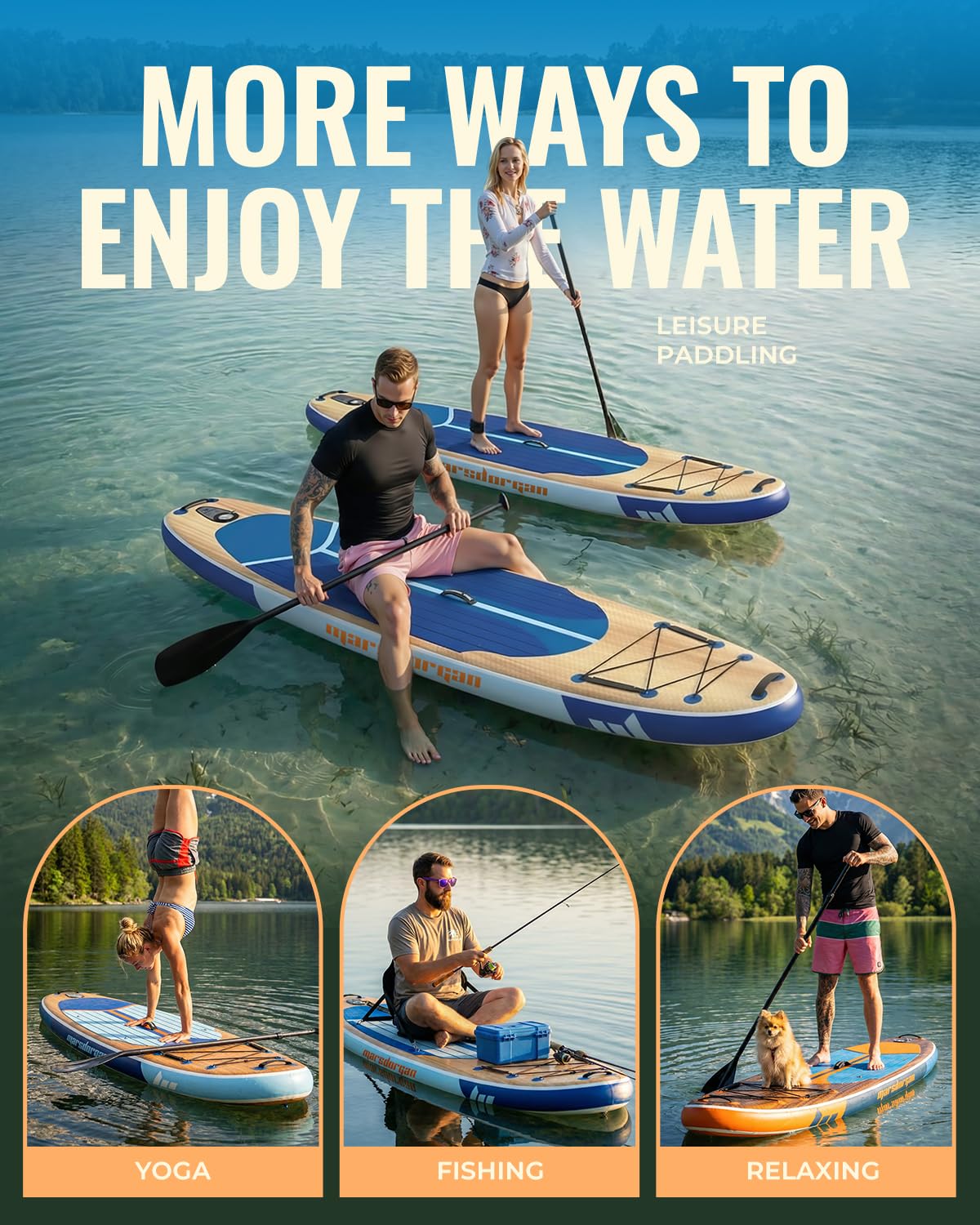 Marsdorgan 11' Inflatable Paddle Board Light Oak w/Seat | Extra Wide SUP Non-Slip for Adults Youth | Stable for Lake Ocean, 2-Blade Paddle + 10L Dry Bag Included