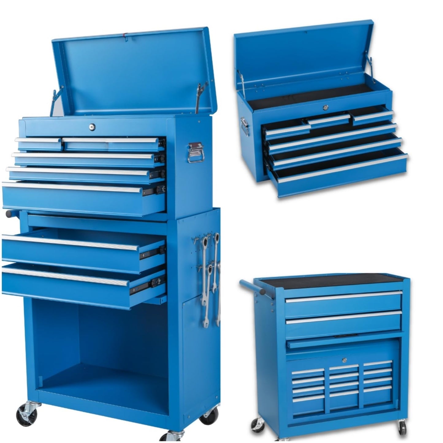 Trygoal Tool Chest, 8-Drawers Rolling Tool Storage Cabinet with 2-in-1 Detachable Tool Box, Liner, Lockable Wheels, Side Hooks, Multifunctional Metal Tool Cart for Garage Workshop, Blue