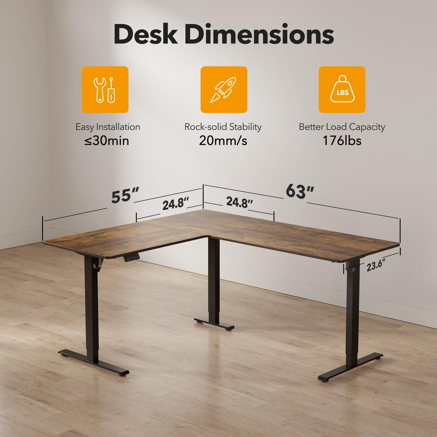 Cubiker L Shaped Standing Desk - 63 x 55 Inch Electric Adjustable Height Corner Standing Desk, Ergonomic Sit Stand Up Table, Splice Board for Home Office, Rustic Brown