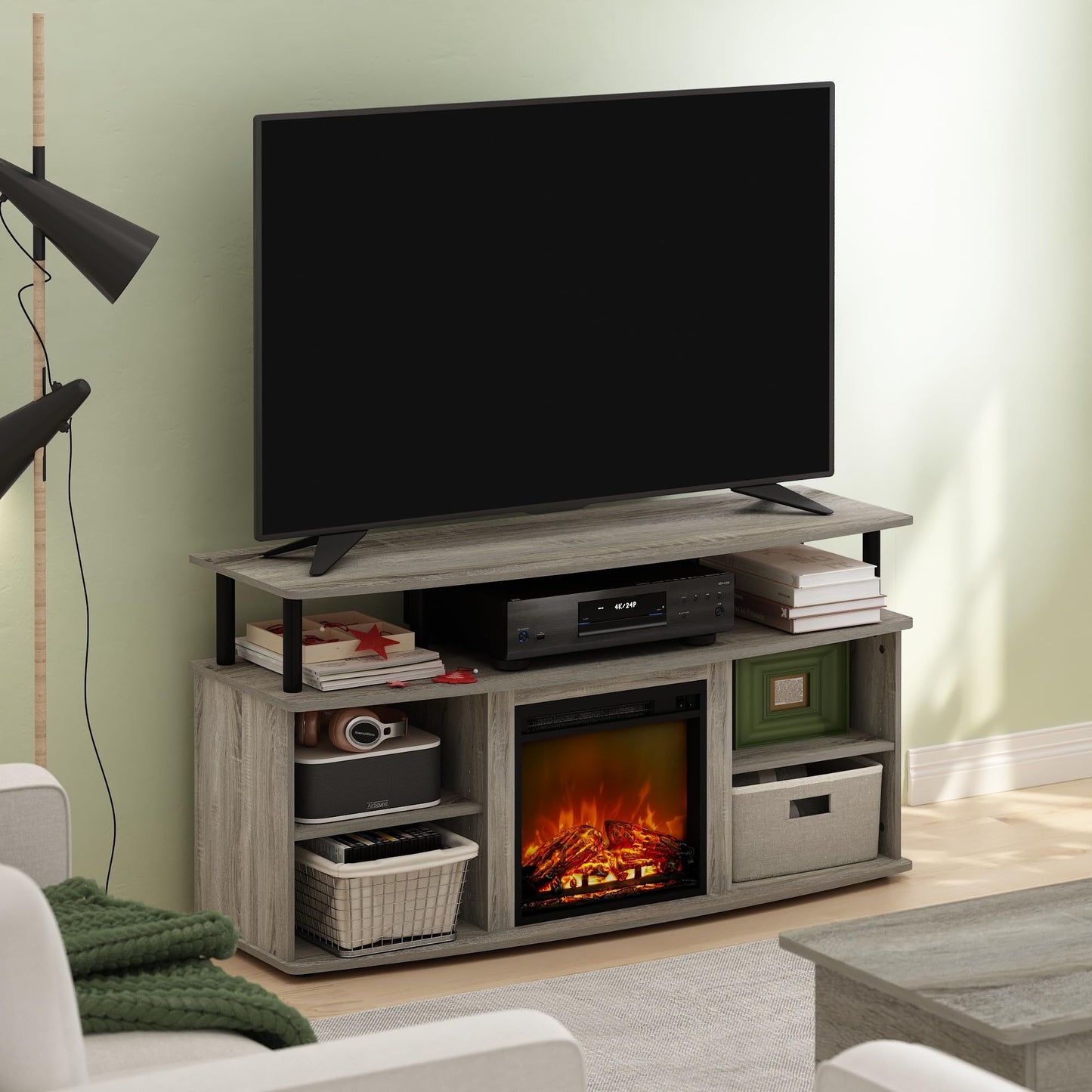 Furinno Jensen Fireplace TV Stand, Entertainment Center, TV Console for TV up to 55 Inch with Fireplace and Open Shelving Storage, for Living Room, Bedroom, French Oak Grey