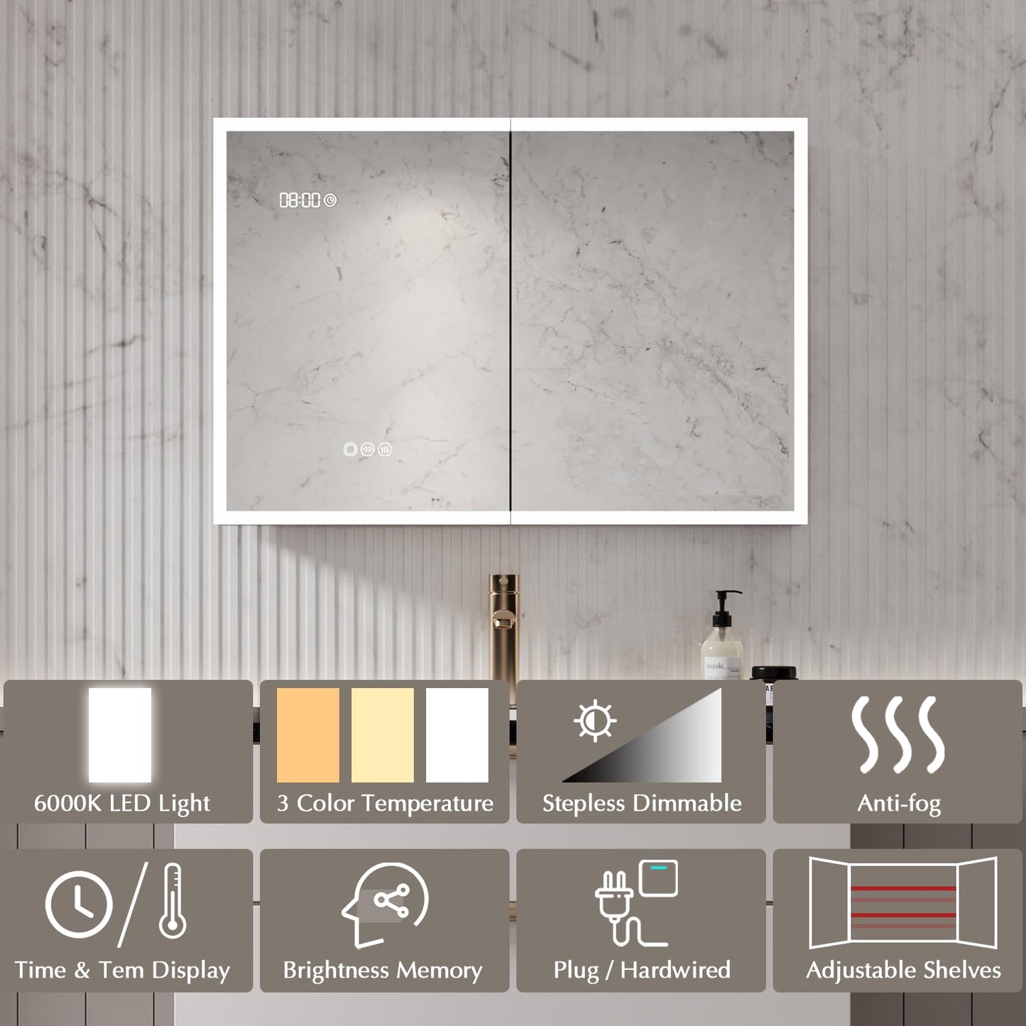 BuLife Double Door Medicine Cabinet 37 Inch, LED Mirror with Anti-Fog & Time/Temp, 3 Color Dimmable Lights, Adjustable Shelves, Pre-Assembled for Easy Install