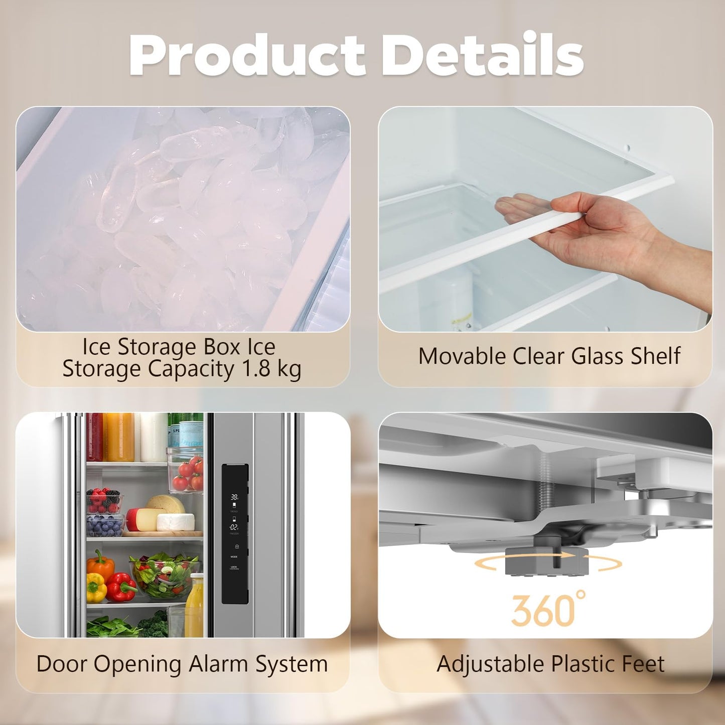 Electactic 17.5 Cu.Ft Compact Refrigerator with Ice maker, Powerful Cooling, Quiet Operation, LED Light, Door Alarm, Suitable for Home, Dorm and Office,Stainless Steel