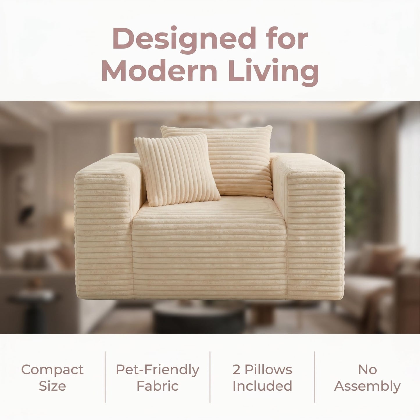 Trygoal Boneless Single Sofa Chair for Adult, Corduroy Cloud Lounge Chair with 2 Pillows & Wide Armrests, High-Density Foam Reading Couches for Living Room & Office, No Assembly Required, Beige