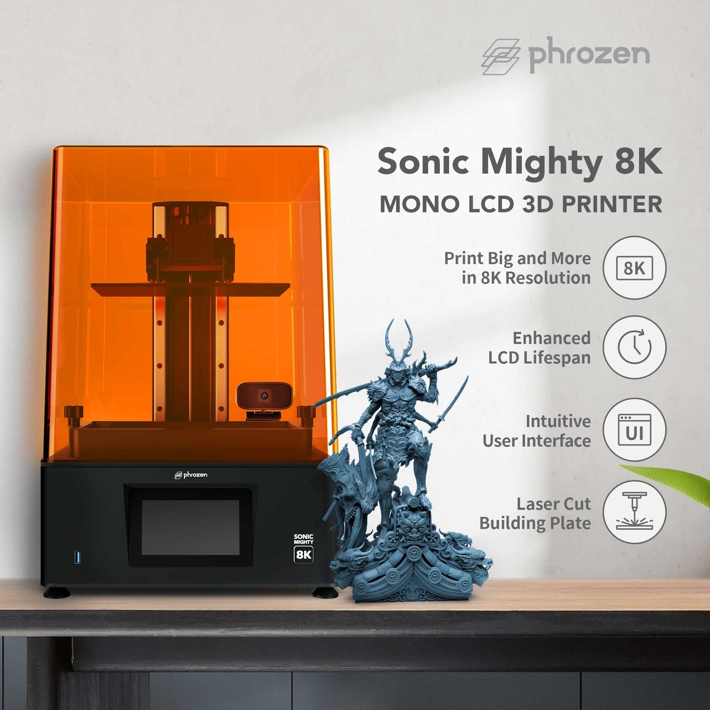 phrozen Sonic Mighty 8K LCD Resin 3D Printer, 10" Monochrome LCD, Tabletop 3D Resin Printer with 28µm XY Resolution, 8.6 * 4.8 * 9.3 Inch Printing Volume for Models, Miniatures and Action Figures