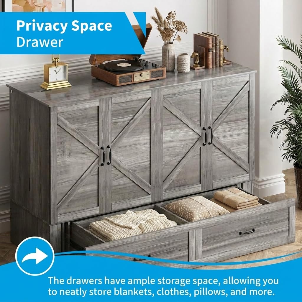 Mjkone Murphy Bed, Cabinet Beds Queen Size with Mattress Included, USB Charging Port, Drawer, Space Saving Queen Murphy Chest Bed, Hidden Cabinet Guest Wall Beds for Bedroom, Apartment, Grey