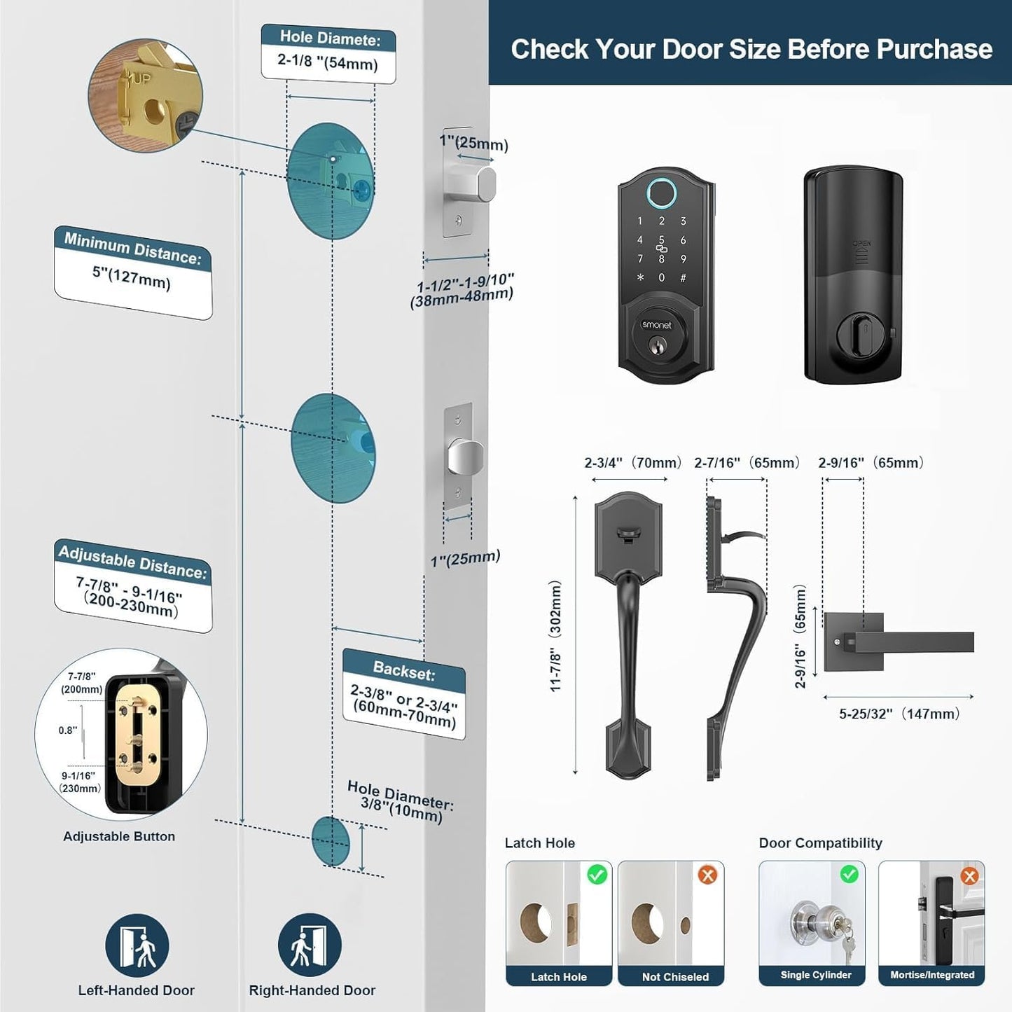 SMONET Smart Lock for Front Door, Keyless Entry Door Lock with Handle Set, Fingerprint Digital Keypad Deadbolt with App Control, Bluetooth Smart Lock, Auto Lock, Alexa Compatible, Black