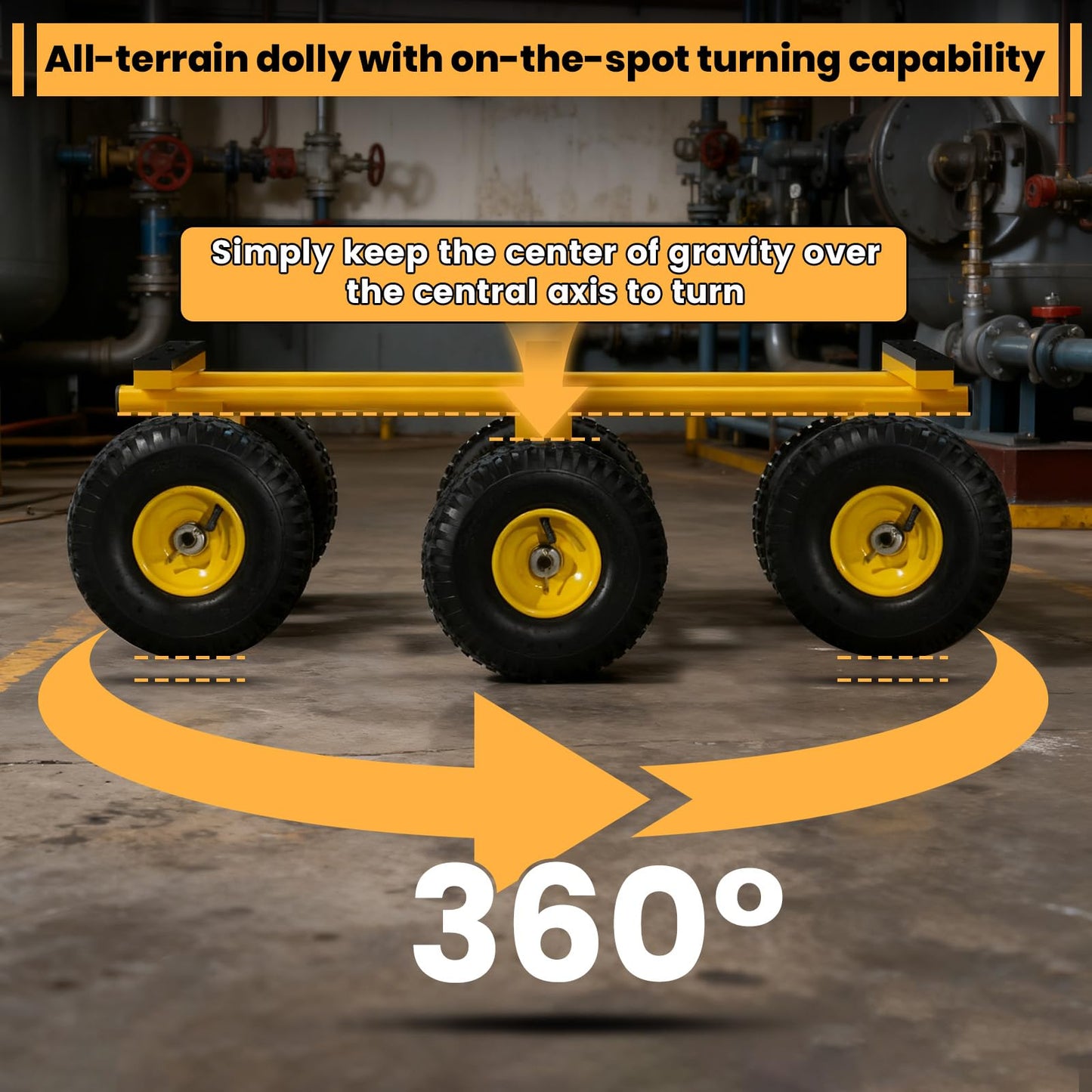 6 Wheel All Terrain Dolly, Heavy Duty Furniture Dolly 1300 Lbs Capacity, 10" Inflatable Tires Big Wheel Dolly, All Terrain Mover for Homes, Logistics, Warehouses, Shopping - 35.5" x 18" - Yellow