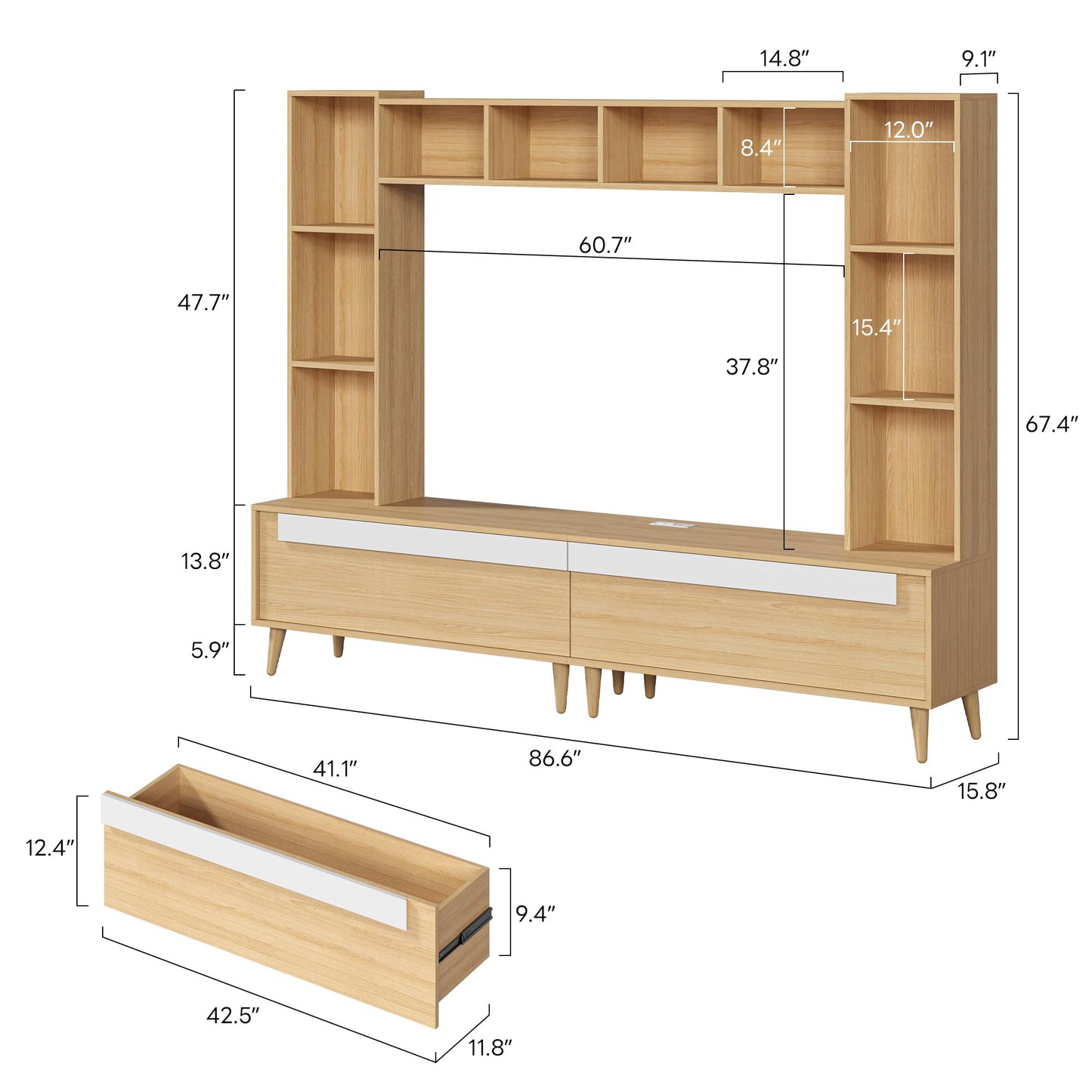 LIKIMIO 86.6" W Wall Unit Entertainment Center for TVs up to 65 inches, Large TV Stand with Bookshelves, Built-in Power Outlet, 10 Open Shelves & 2 Drawers, Wood Media Center for Living Room