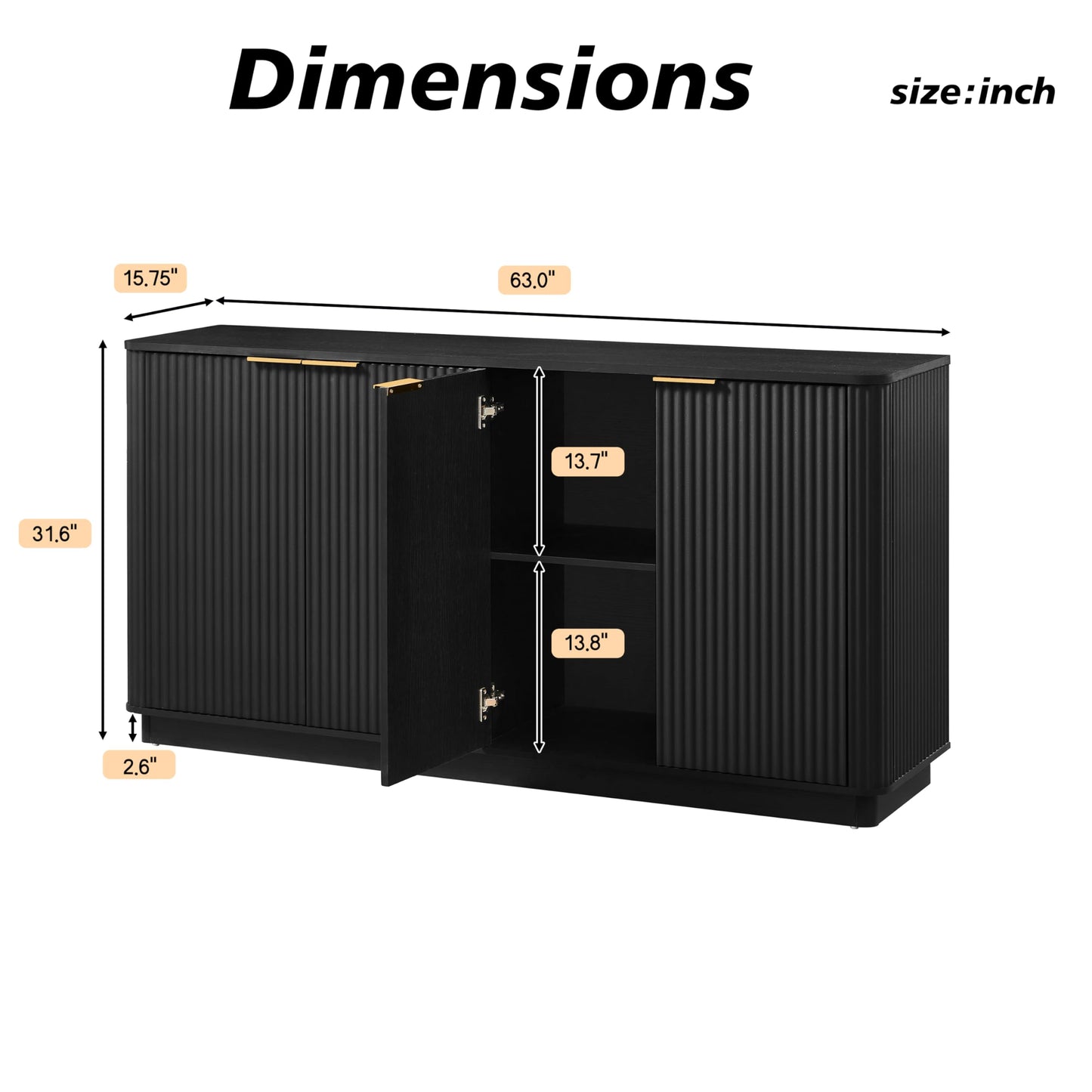 KEIKI 63" Buffet Cabinet Sideboard with Stoarge, Credenza Storage Cabinet, Large Console Table, TV Stand, Coffee Bar Cabinet for Kitchen, Dining Room, Living Room, Entryway, Black