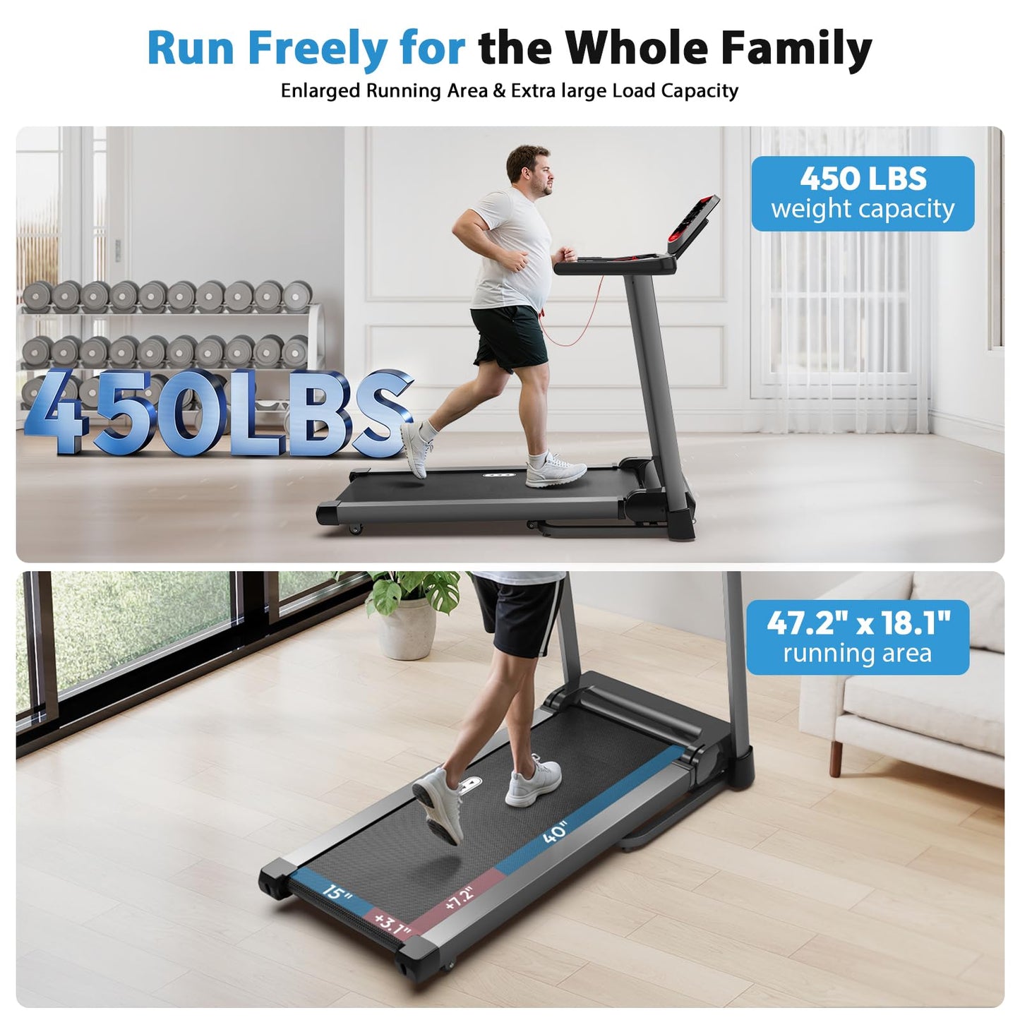 CIIHI Treadmill with Auto Incline - 450 LBS Capacity 15% Auto Incline Treadmill for Home, 0.5-10 MPH Foldable Running Machine with 47.2”x18.1” Belt, APP, Speaker, Speed & Incline Quick Button