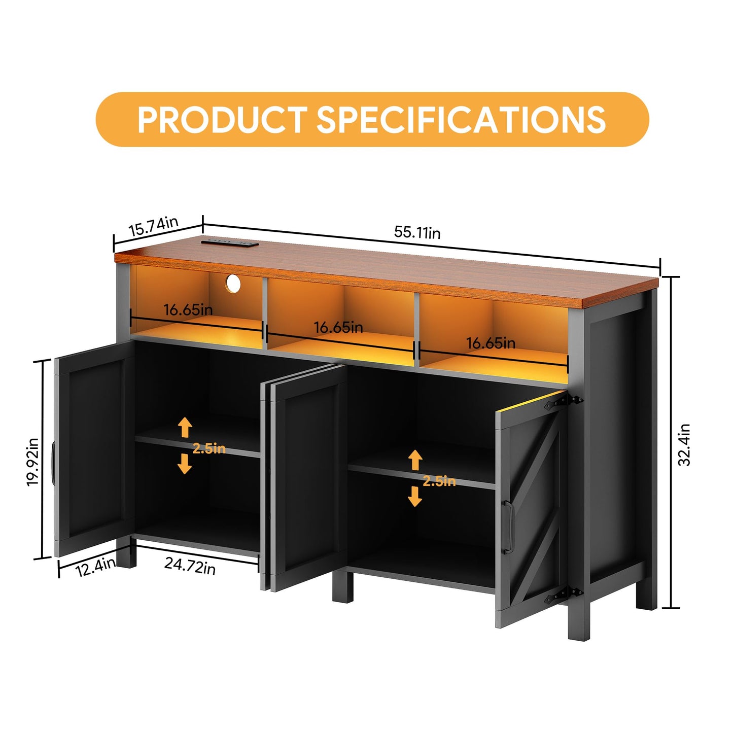 knoworld Buffet Sideboard with Storage with Power Outlets & LED Light 4 Doors, 55'' Large Farmhouse Kitchen Storage Cabinet Wood Coffee Bar Cabinet Buffet Table for Kitchen, Dining Room, Entryway