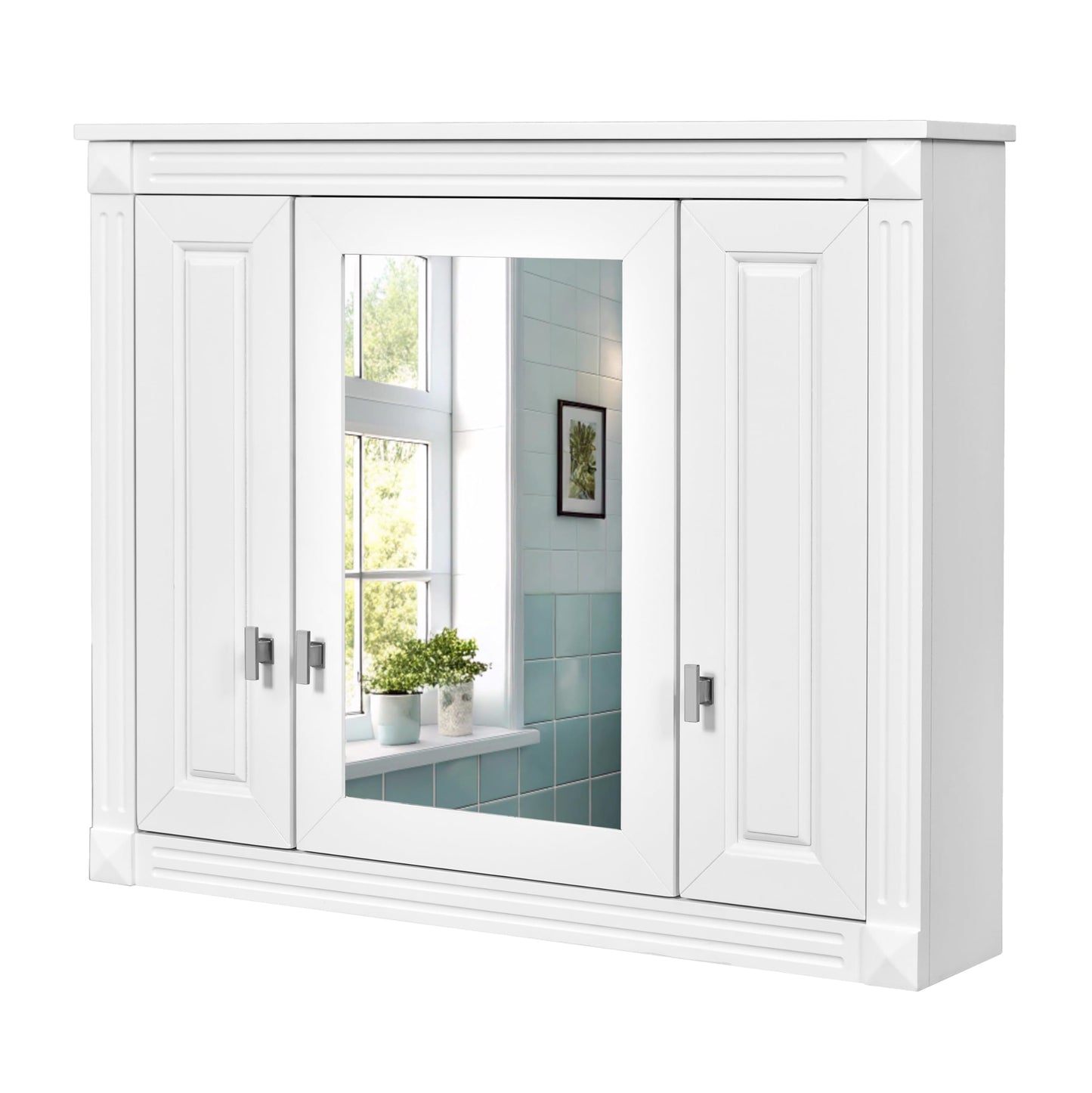 Merax Wall Mounted Bathroom Medicine Cabinet with Mirror, Bathroom Wall Cabinet with Doors and Shelves, 35" x 29" Mirrored Door Over Toilet Storage Cabinet, White