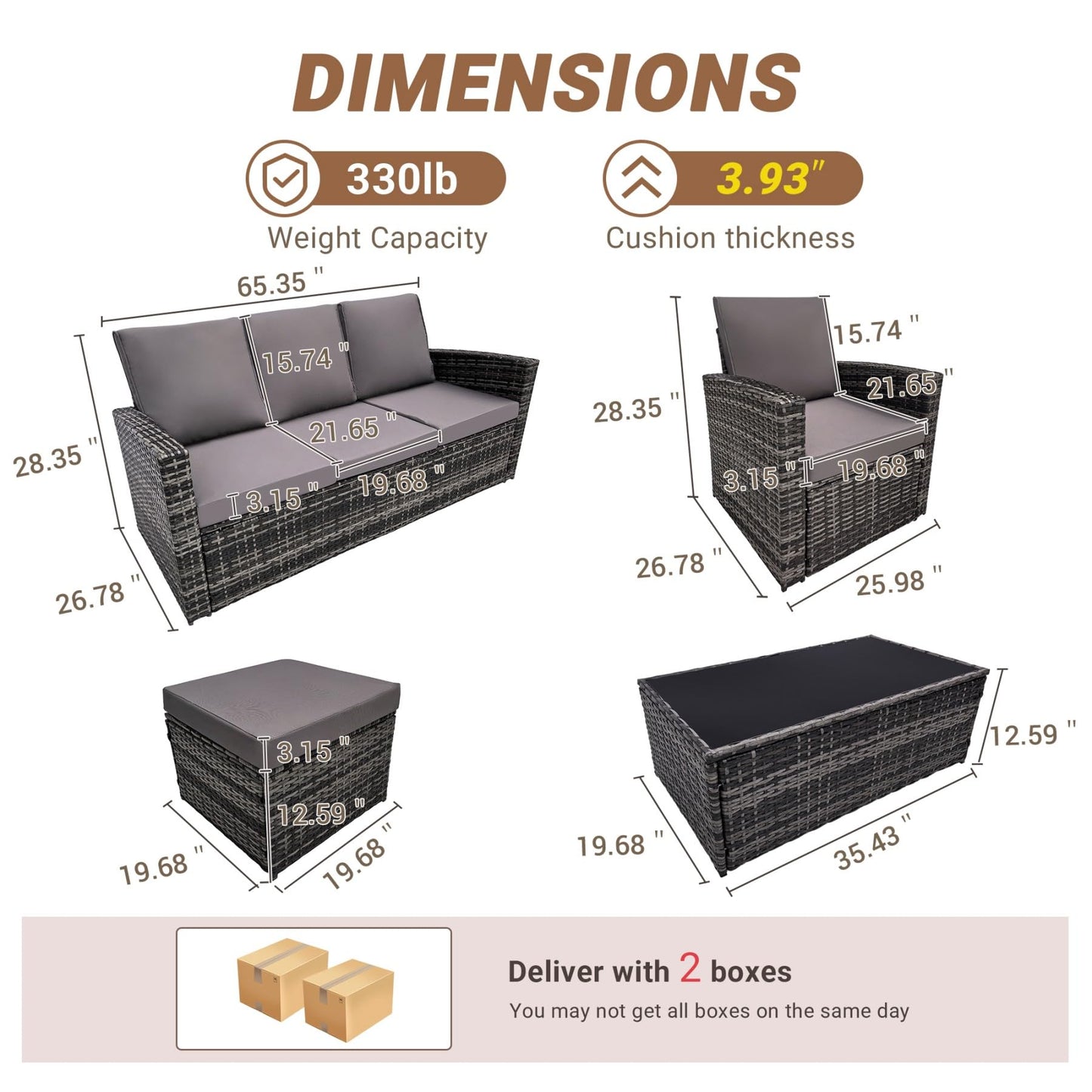 KEIKI 6Pcs Outdoor Patio Conversation Furniture Sets with Couch,Chair, Glass Coffee Table & Ottoman, PE Wicker Sectional Couch Sofa Seating with Thick Cushion for Backyard Lawn Poolside, All-Weather