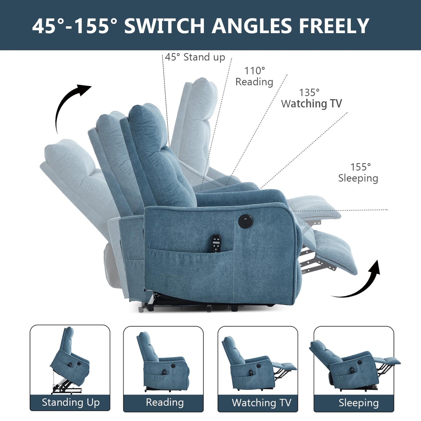 KEIKI Single Motor Power Lift Recliner Chair with Massage and Heat for Home Theater, Soft Fabric Finish with USB Charging Port and Motion Mechanism for Elderly