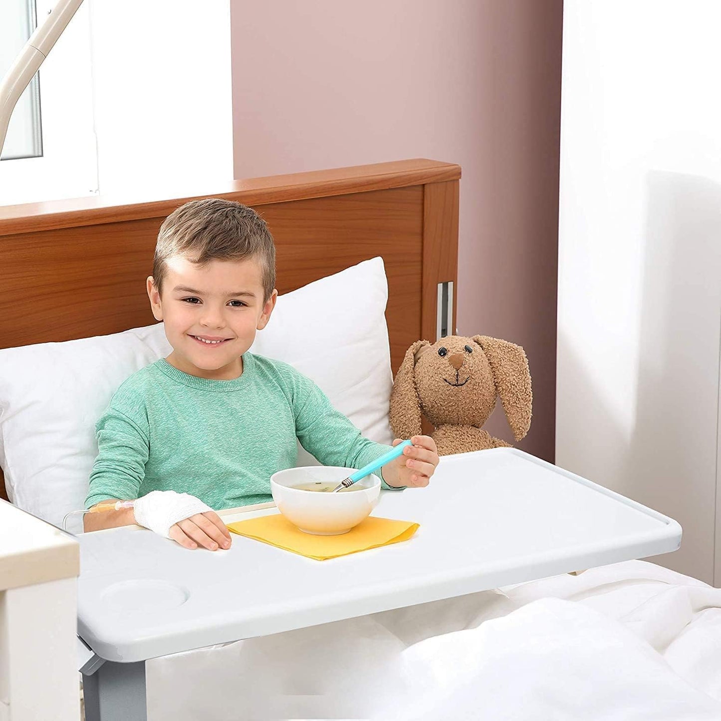 Vaunn Medical Pneumatic Adjustable Overbed Exam Bedside Table with Wheels (Hospital and Home Use), New Tabletop, Light Gray