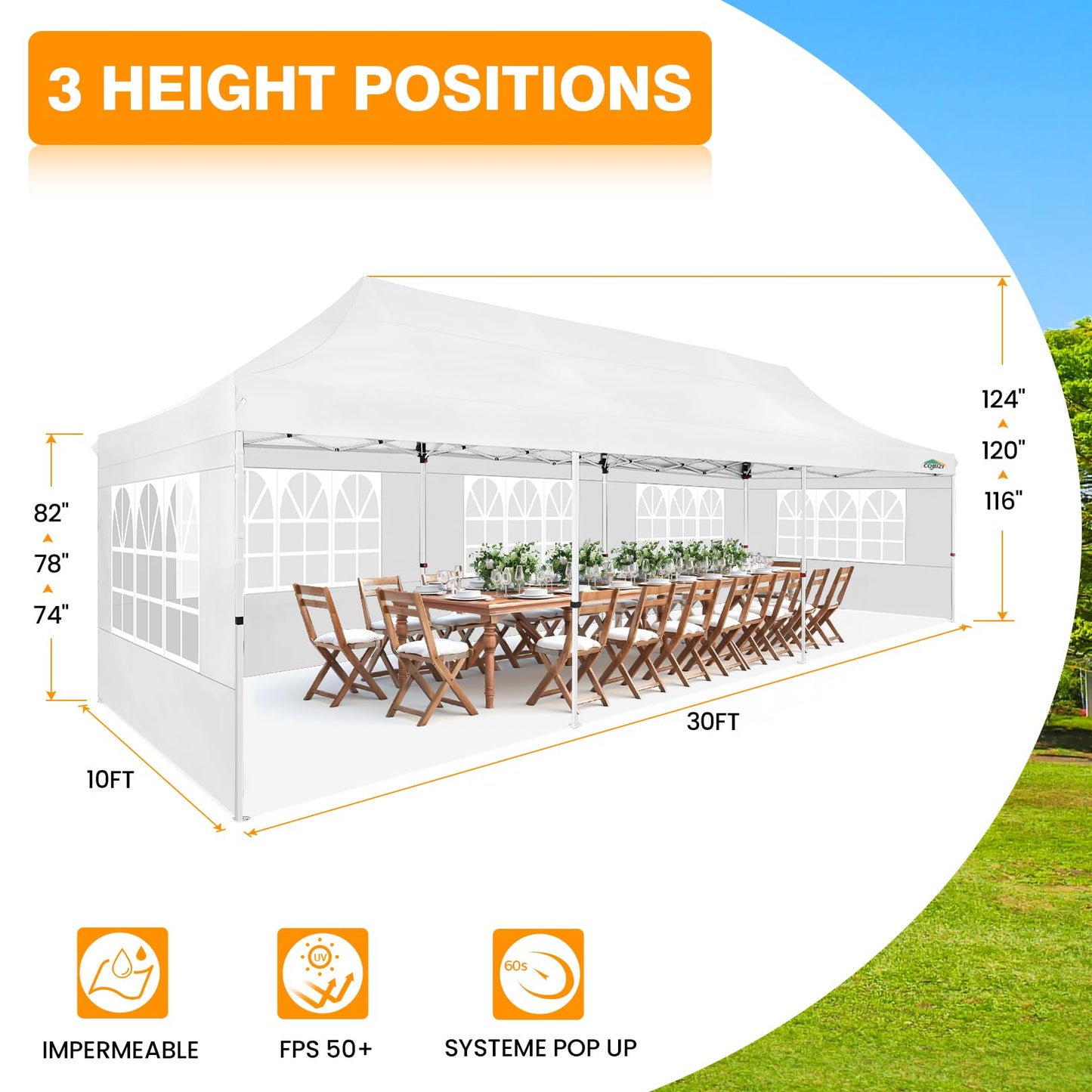COBIZI 10x30 Pop up Canopy with Roller Bag & 8 Removable Sidewalls, Canopy Tent for Parties, Wedding, and Commercials, Waterproof and Instant Shelter UV50+ Outdoor Gazebo with 4 Sandbags(Pure White)