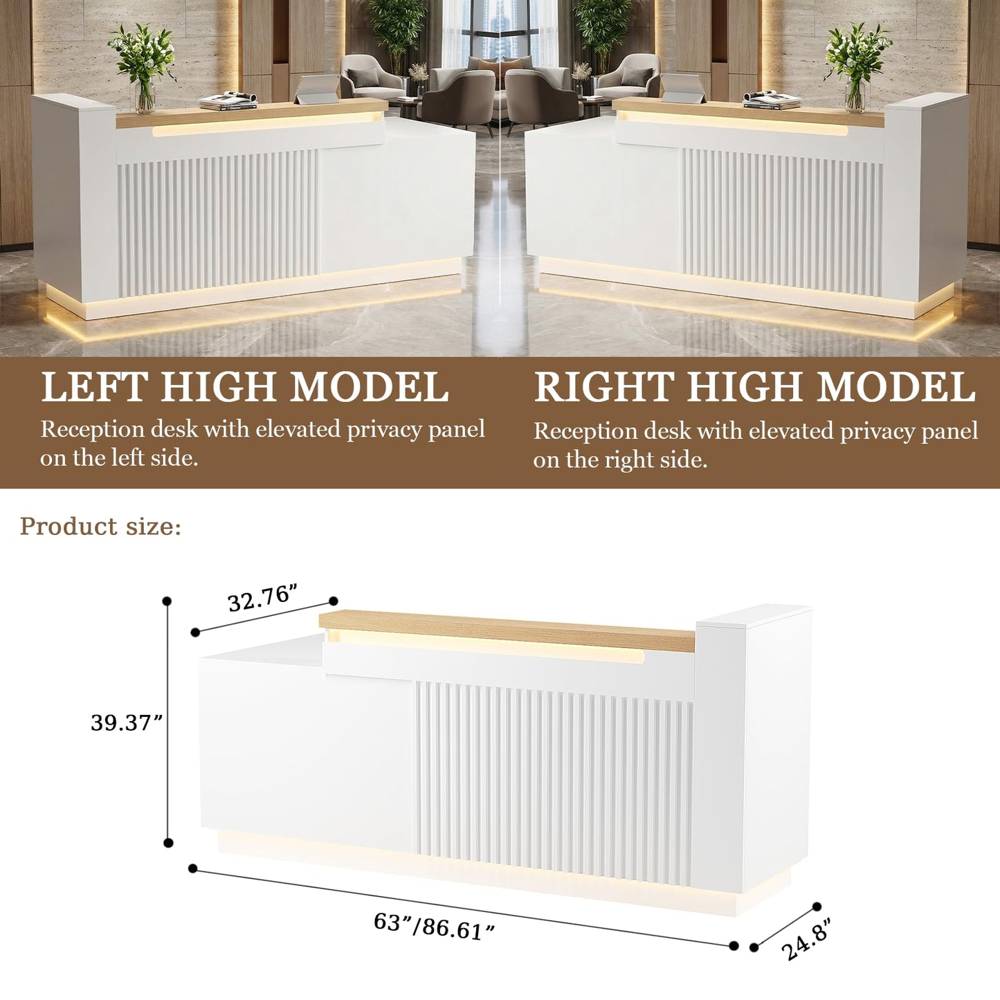 Laxodor 86.6" L-Shaped Reception Desk with LED Lights, Slatted Grille & Built-in Outlets, White Front Counter with Dimmable Switch for Salon, Retail & Office