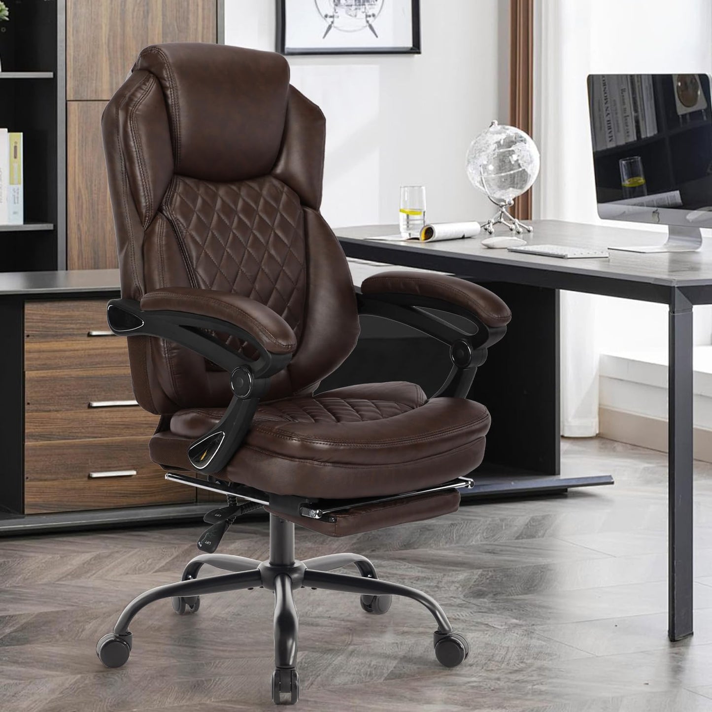linting 400lbs Ergonomic Reclining Office Chair with Footrest, Plus Size Big Tall Leather Recliner Office Desk Chairs with Foot Leg Rest, Brown