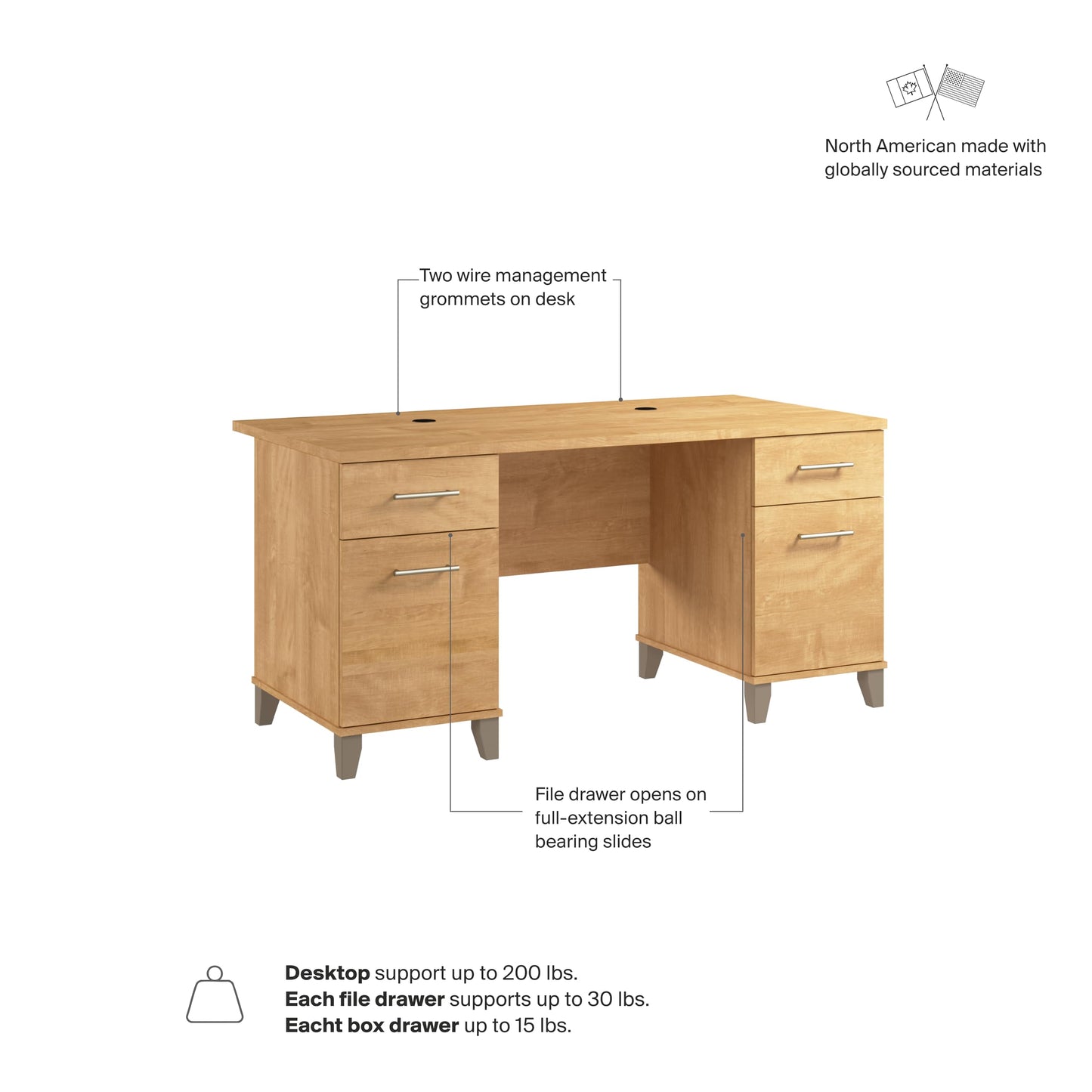 Bush Home 60-Inch Office Desk with Drawers, Computer Desk with File and Box Drawers, Home Office Workstation with Storage Cabinet, Writing Desk Furniture, Somerset Collection, Maple Cross