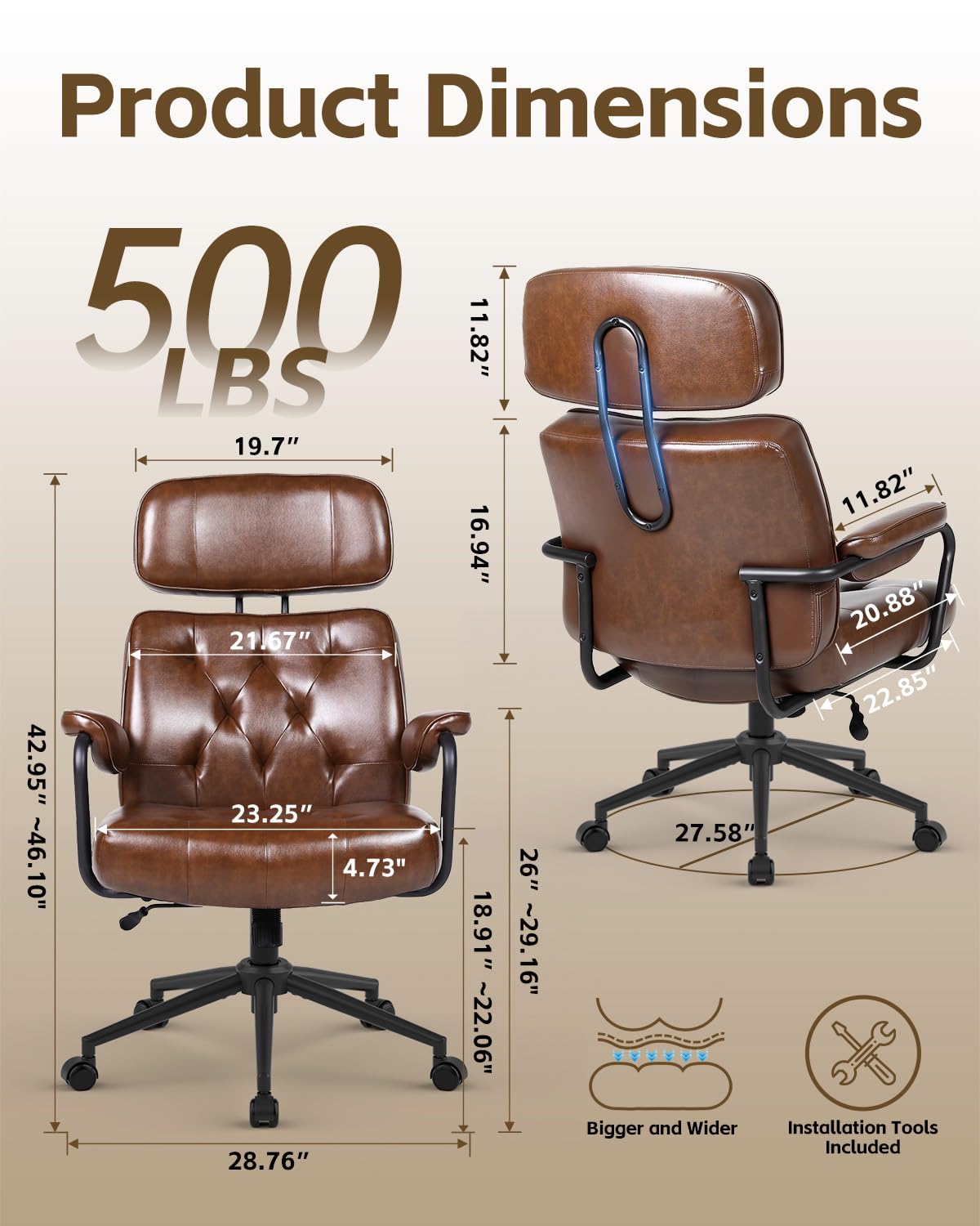 Mid Century Modern Home Office Desk Chair, Ergonomic Office Chair Big and Tall, High Back Executive Office Chair Leather Extra Wide, Computer Chair Comfy, Adjustable Height Rolling Chair, Caramel