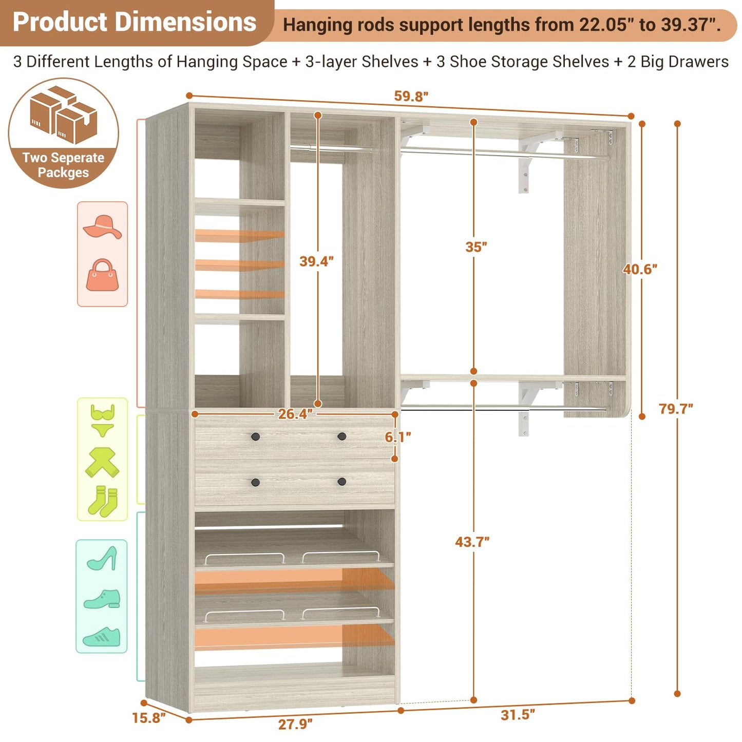 Besiost Closet System - 60"/92" Closet System with Drawers, 5FT/7.67FT Closet Organizer System with Reversible Hanging Shelving and Hanging Rods, for Small/Walk-in Closets, Greige Oak