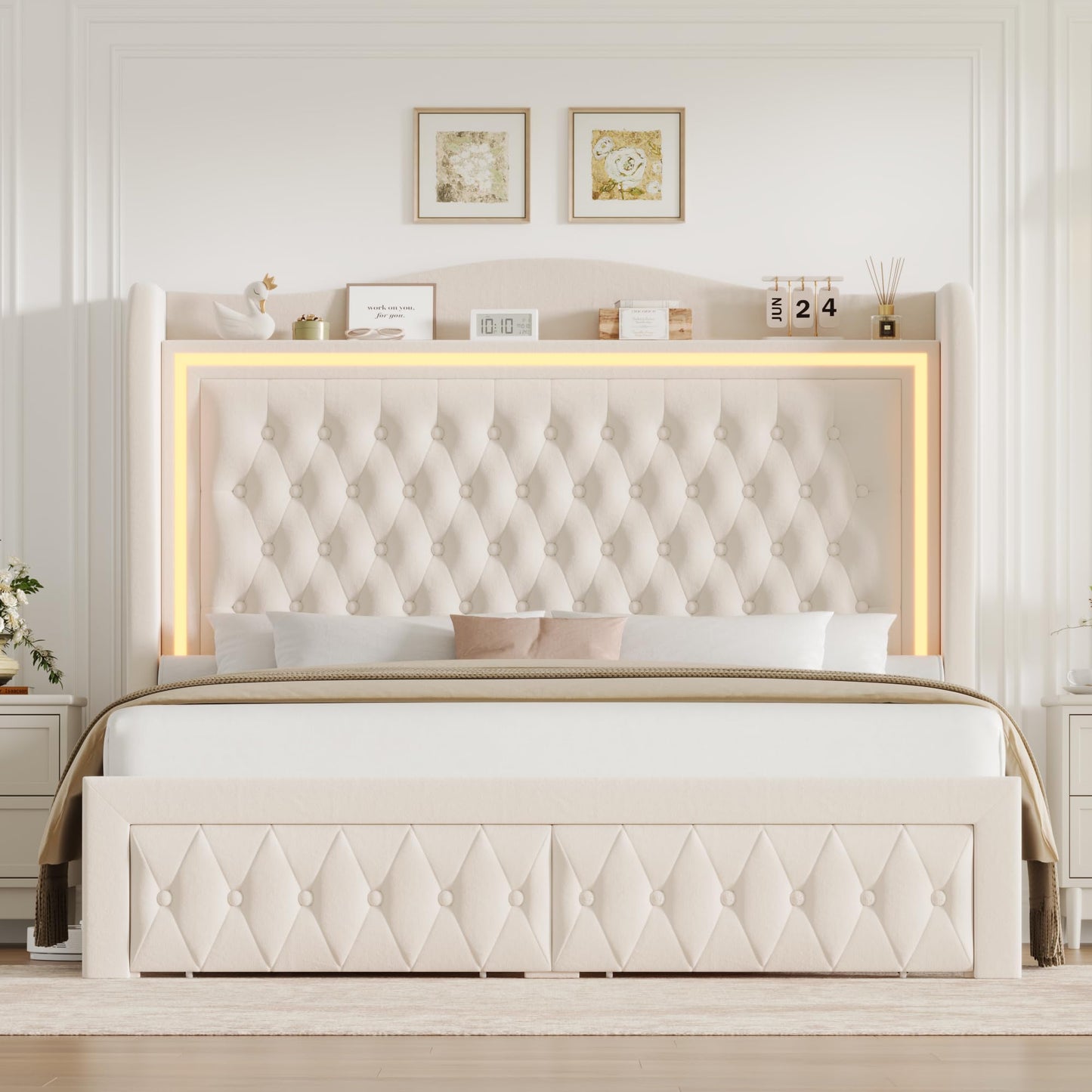 Queen Bed Frame 55" Tall Headboard with LED Lights, Buttons Tufted Velvet Upholstered Platform Bed Frame with 2 Storage Drawers, Wood Slats Support Mattress Foundation, No Box Spring Needed, Beige