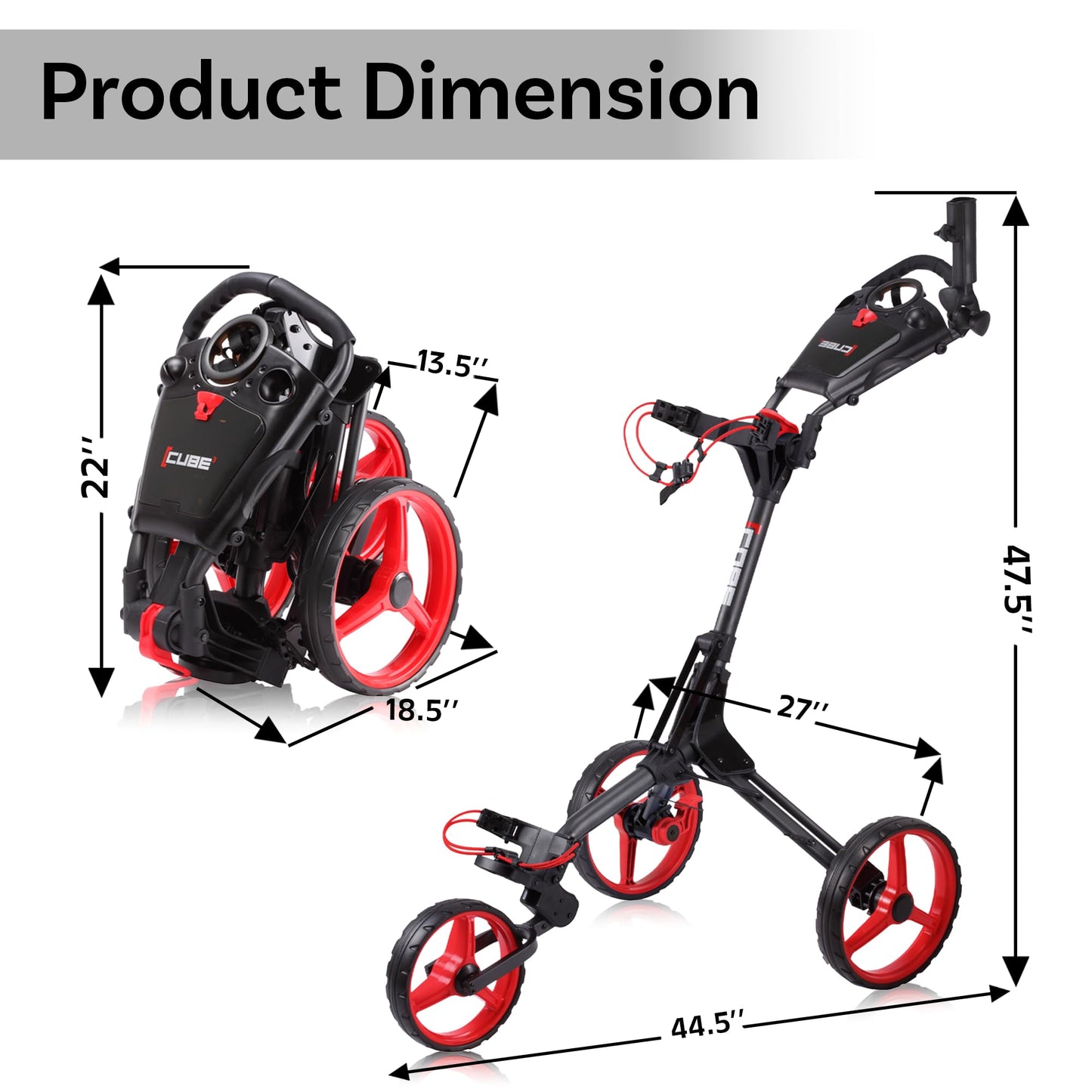 CUBE CART 3-Wheel Golf Push Cart – Ultra-Compact 14.5 lb Folding Golf Trolley, Two-Step Fold, Adjustable Handle, Foot Brake, Umbrella Holder & Built-in Storage - Charcoal/Red