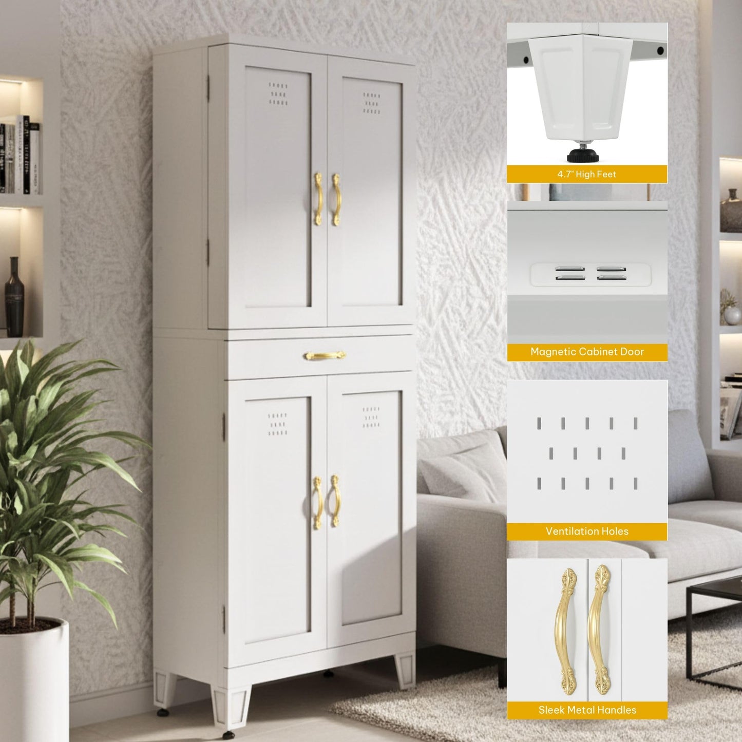 DWVO Metal Storage Cabinet, 71" Kitchen Pantry Cabinet with 4 Door & 4 Adjustable Shelves & Drawer & Door Rack, 6-Tier Tall White Steel Cabinets for Kitchen, Living Room, Dining Room