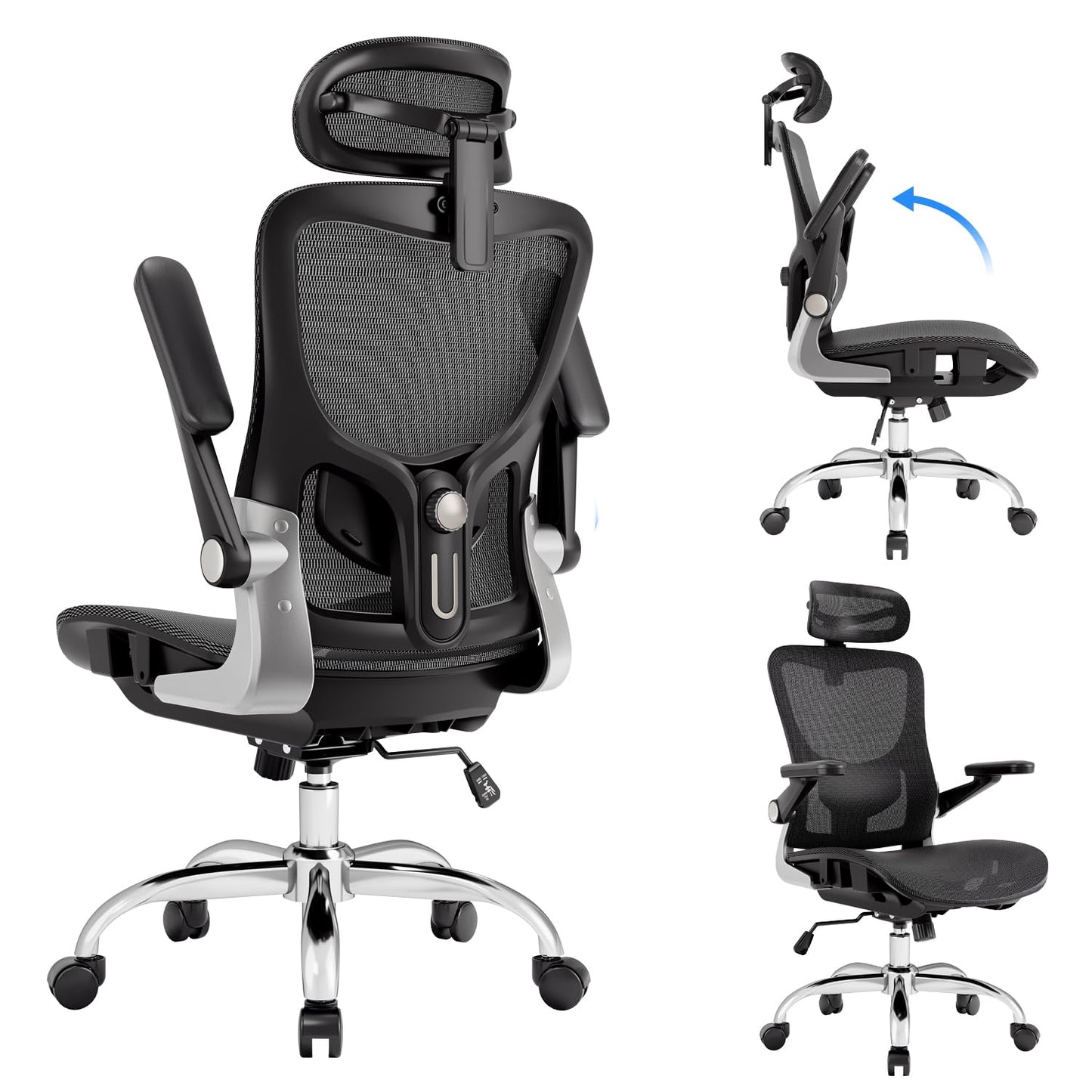 marrap Ergonomic Office Chair, Mesh Desk Chair with 3D Armrests, Adjustable Lumbar Support and Headrest, 90-120° Rocking Function, Black