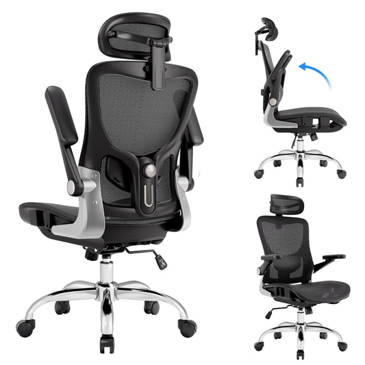 marrap Ergonomic Office Chair, Mesh Desk Chair with 3D Armrests, Adjustable Lumbar Support and Headrest, 90-120° Rocking Function, Black