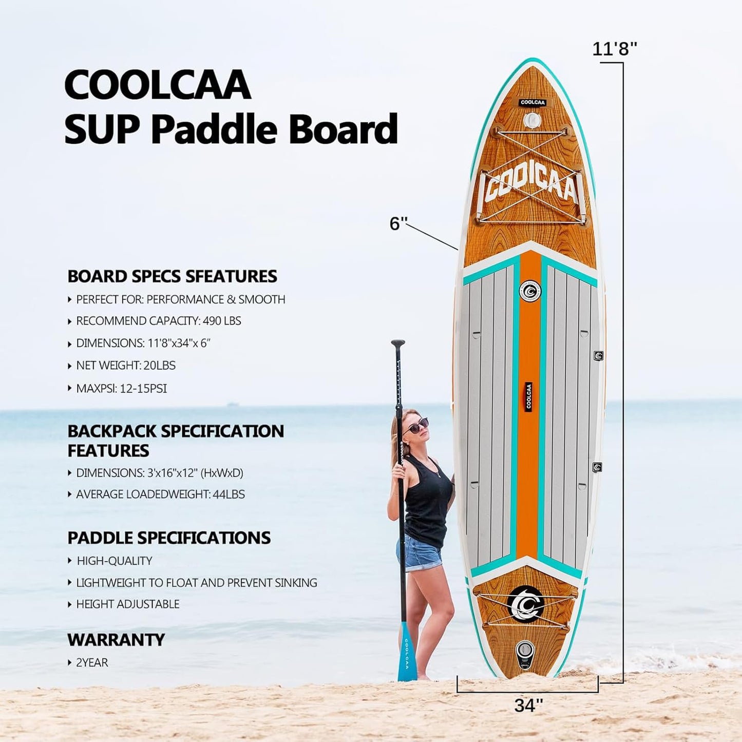 COOLCAA Dolphin Lite 11'8" Inflatable Stand-Up Paddle Board, 490Lbs Capacity SUP Board with 34'' Extra Wide, Fishing Paddleboard with Accessories & Bag for Adults Youth (Maple Marlin)