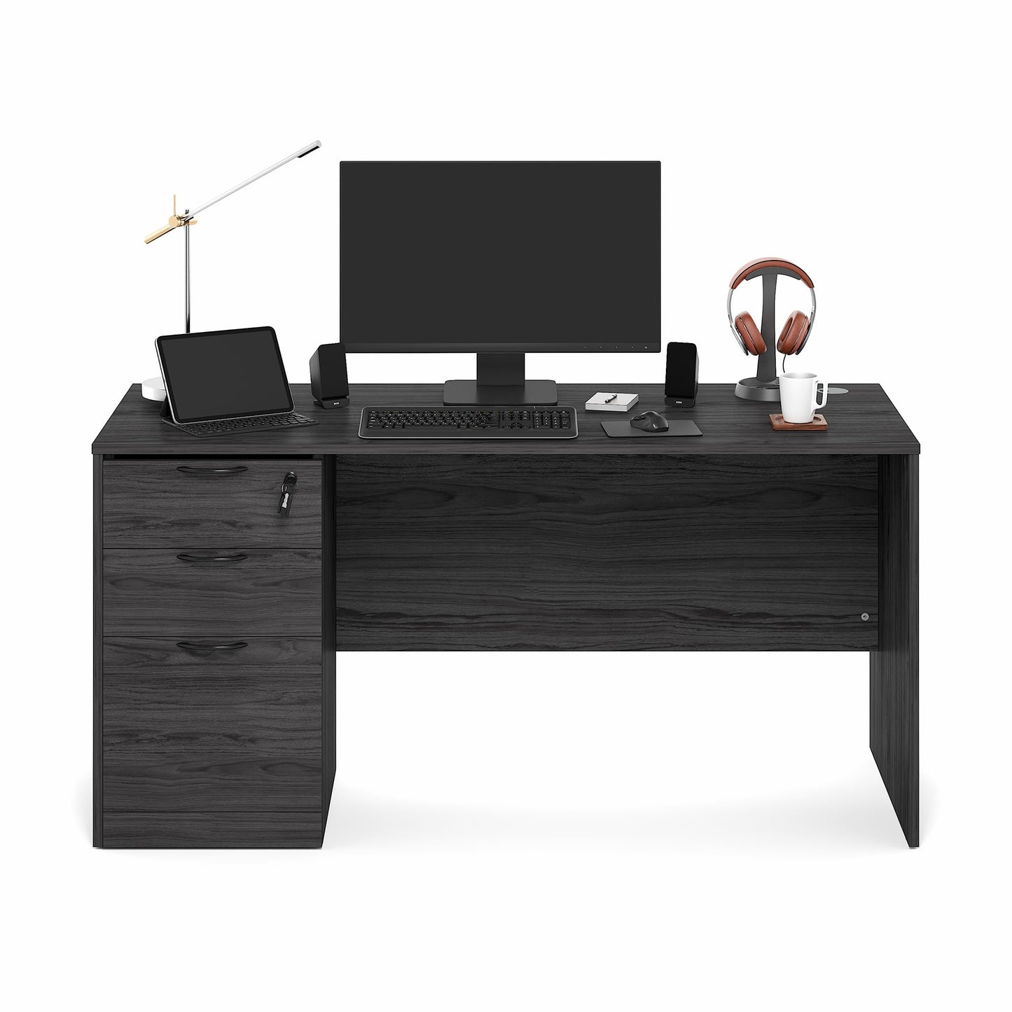 Furinno Roger 60 Inch Executive Desk with File Cabinet, Home Office Desk with 3-Drawer Fixed Pedestal Filing Cabinet, Desk Cord Grommet, for Home Office, Antique Grey
