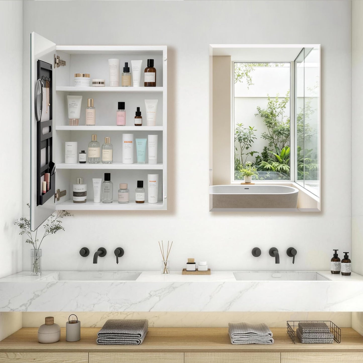 FUMANGO 22"x30" Metal Medicine Cabinet,Bathromm Mirror Cabinet with 2X Magnifying Mirror,Soft Closing Hinge,A Mirror Cabinet with a Bevel,Recessed or Surface Mount,White