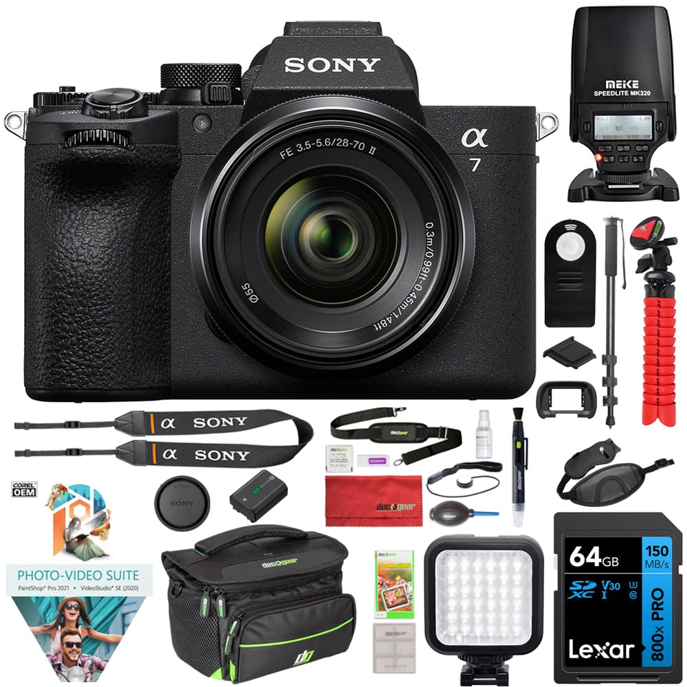 Sony ILCE-7M5M/B a7 V Full-Frame Mirrorless Camera with 28-70mm II Lens Bundle with Flash Speedlight, 72" Monopod, Wrist Grip Strap, 64GB Card, Corel Photo Video Suite, Deco Photo Camera Bag + More
