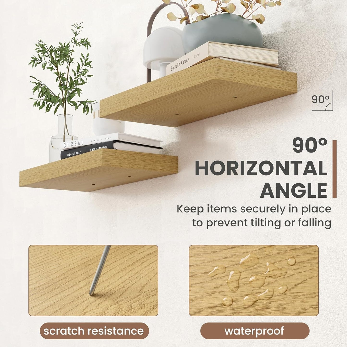 Acovy 72 Inch Floating Shelves, 8 Inch Deep Floating Shelves for Wall, Hanging Shelf with Invisible Brackets, Deep Shelves for Bathroom, Bedroom, Living Room, Oak, Set of 2
