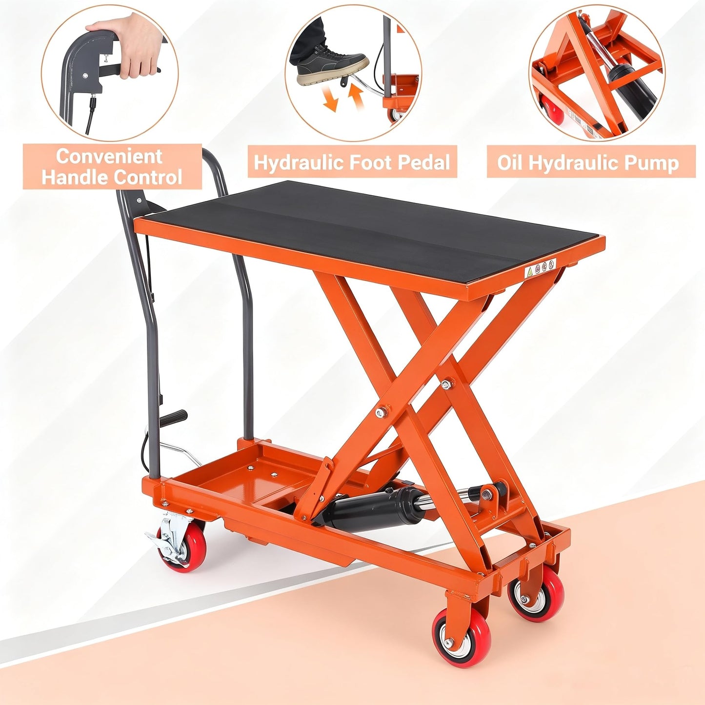 Garvee Hydraulic Lift Table Cart, 500 LBS Capacity 28.5 in Lifting Height Single Scissor Lift Table with 4 Swivel Wheels & Non-Slip Pad, for Material Handling and Transportation, Orange