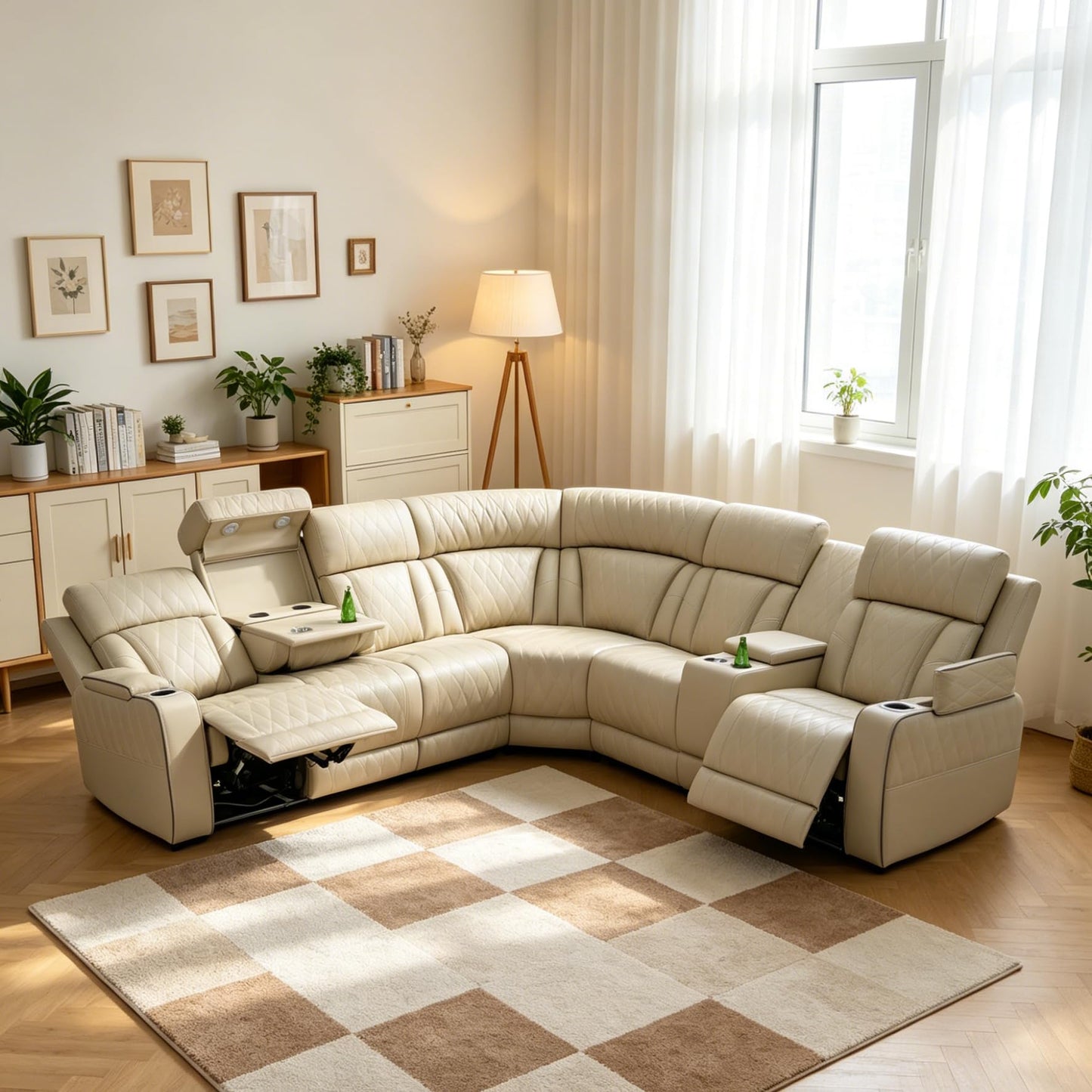 Trygoal Power Reclining Sectional Sofa Set, L-Shaped Leather Sectional Couches for Living Room, Home Theater Seating with Cup Holder, Modern Power Recliner Sofa Sets with LED Lights, Off-White